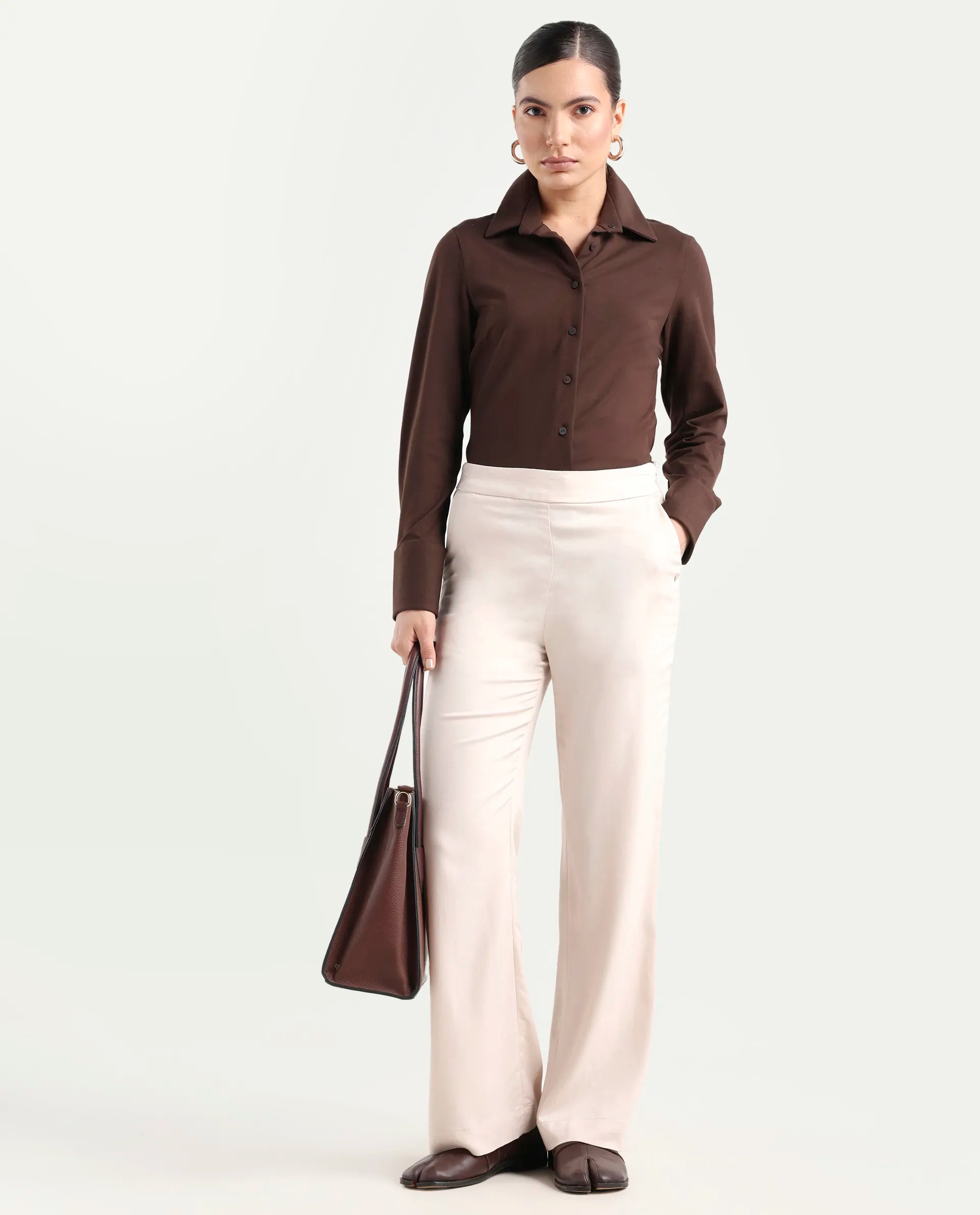 Rareism Women's Rotel Light Beige Polyester Plain Ankle Length Relaxed Fit Trouser