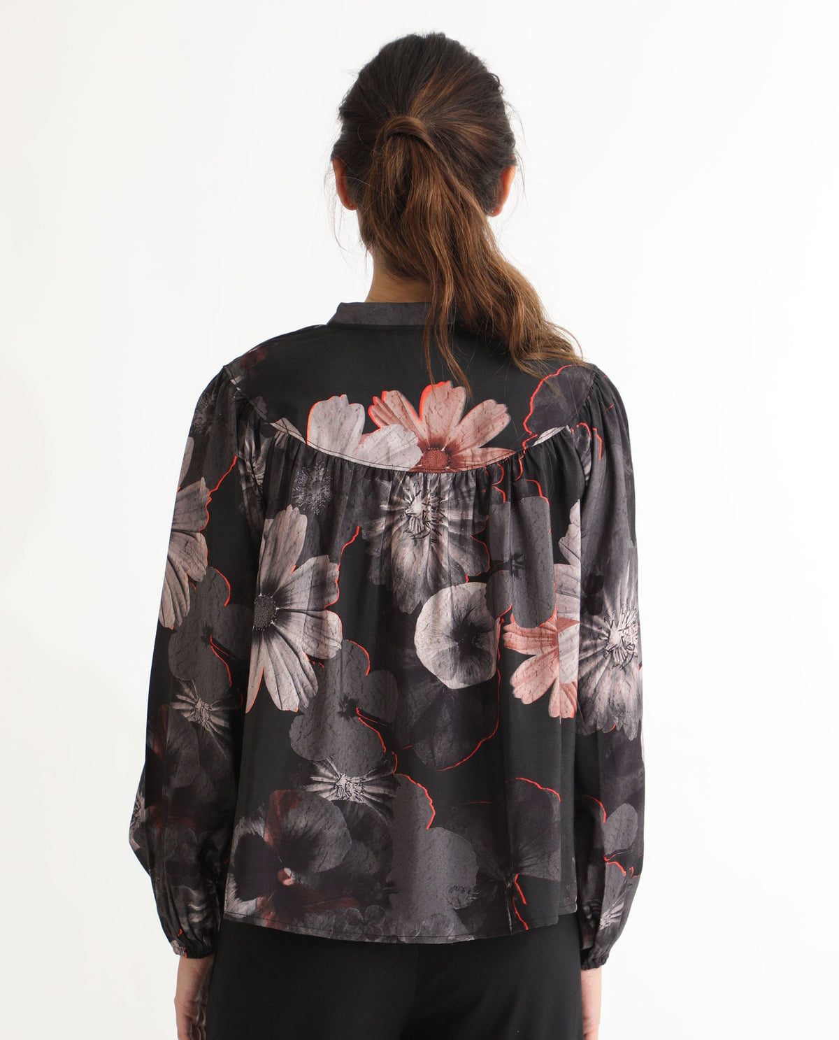 Rareism Women Rothal Black Poly Viscose Fabric Full Sleeves Tie-Up Closure Tie-Up Neck Balloon Sleeve Relaxed Fit Floral Print Blouse Top