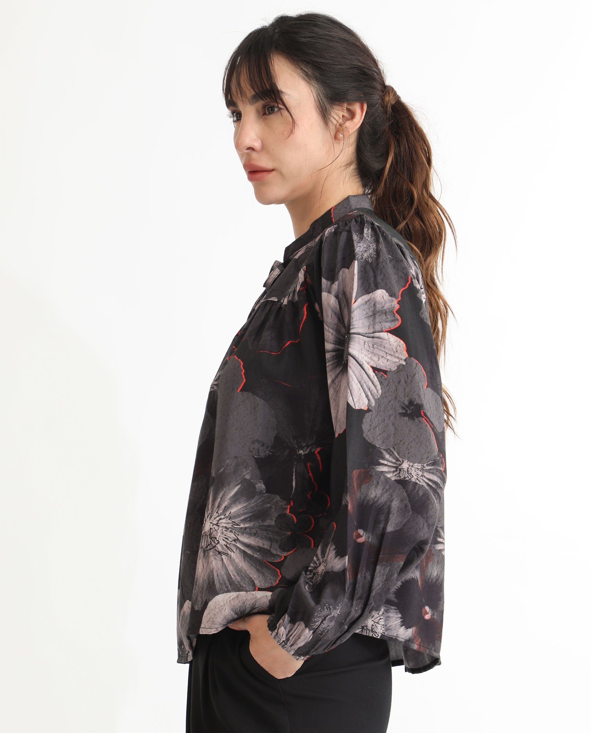 Rareism Women Rothal Black Poly Viscose Fabric Full Sleeves Tie-Up Closure Tie-Up Neck Balloon Sleeve Relaxed Fit Floral Print Blouse Top