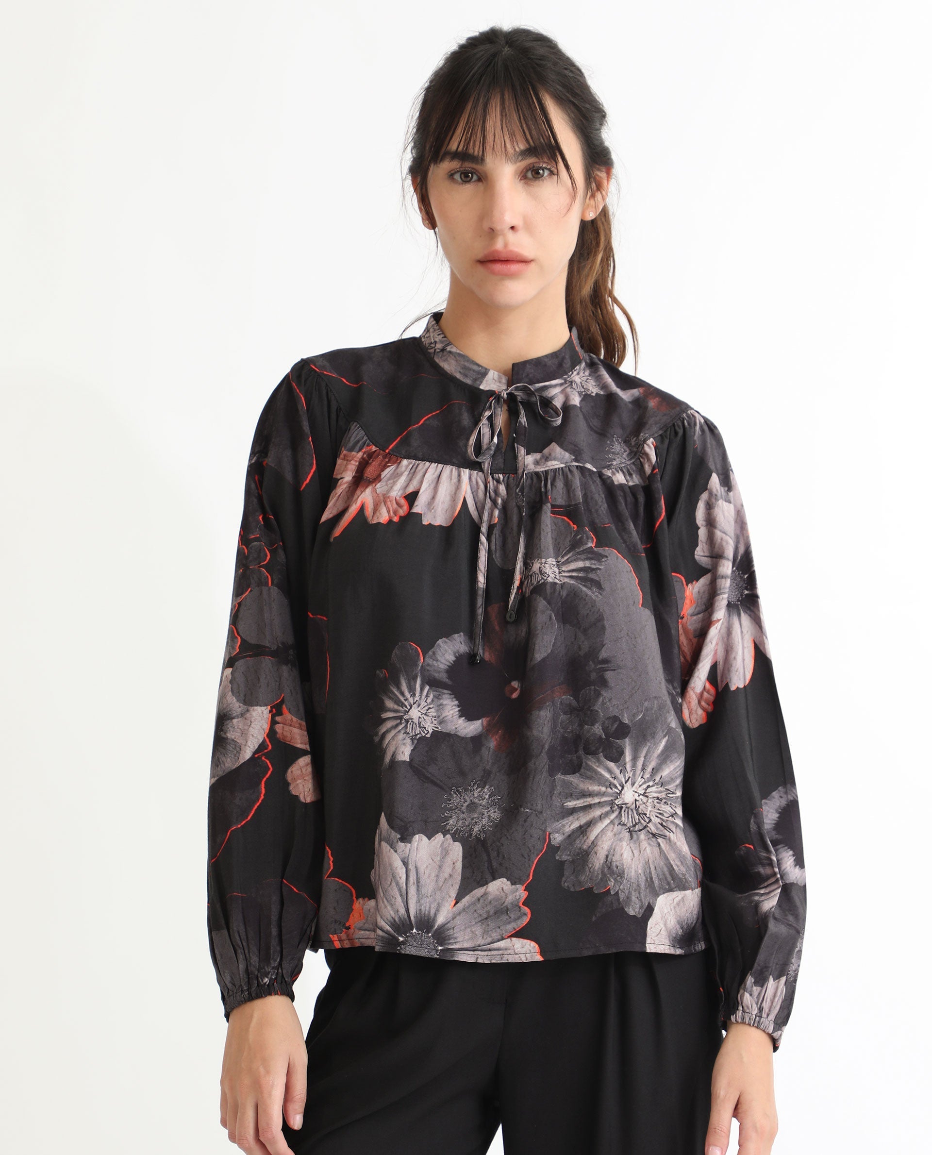Rareism Women's Rothal Black Polyester Blend Tie-Up Neck Floral Print Balloon Sleeve Relaxed Fit Top