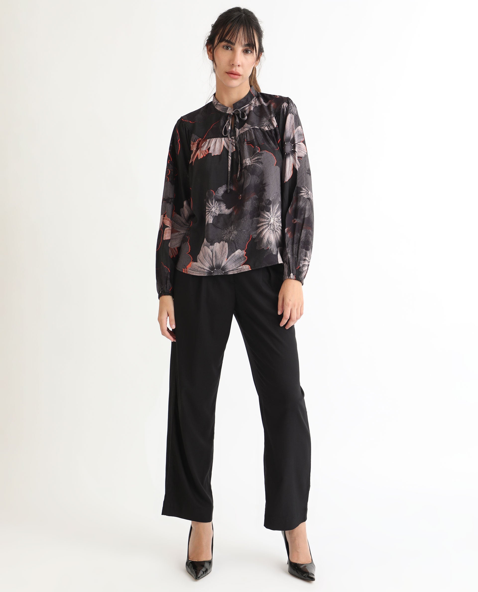 Rareism Women's Rothal Black Polyester Blend Tie-Up Neck Floral Print Balloon Sleeve Relaxed Fit Top