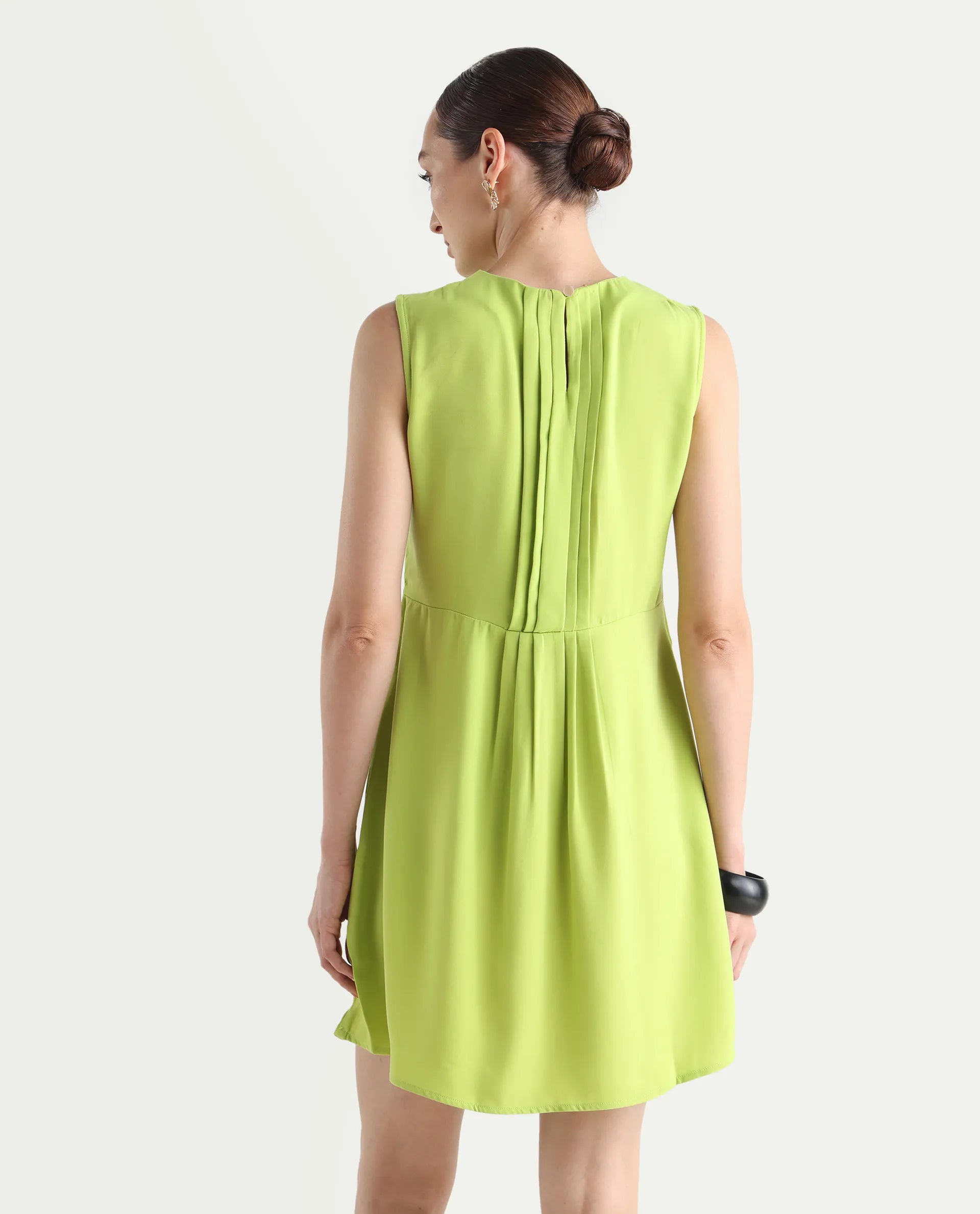 Rareism Women's Roux Green Polyester Blend Crew Neck Plain Sleeveless Mini Fit And Flare Dress