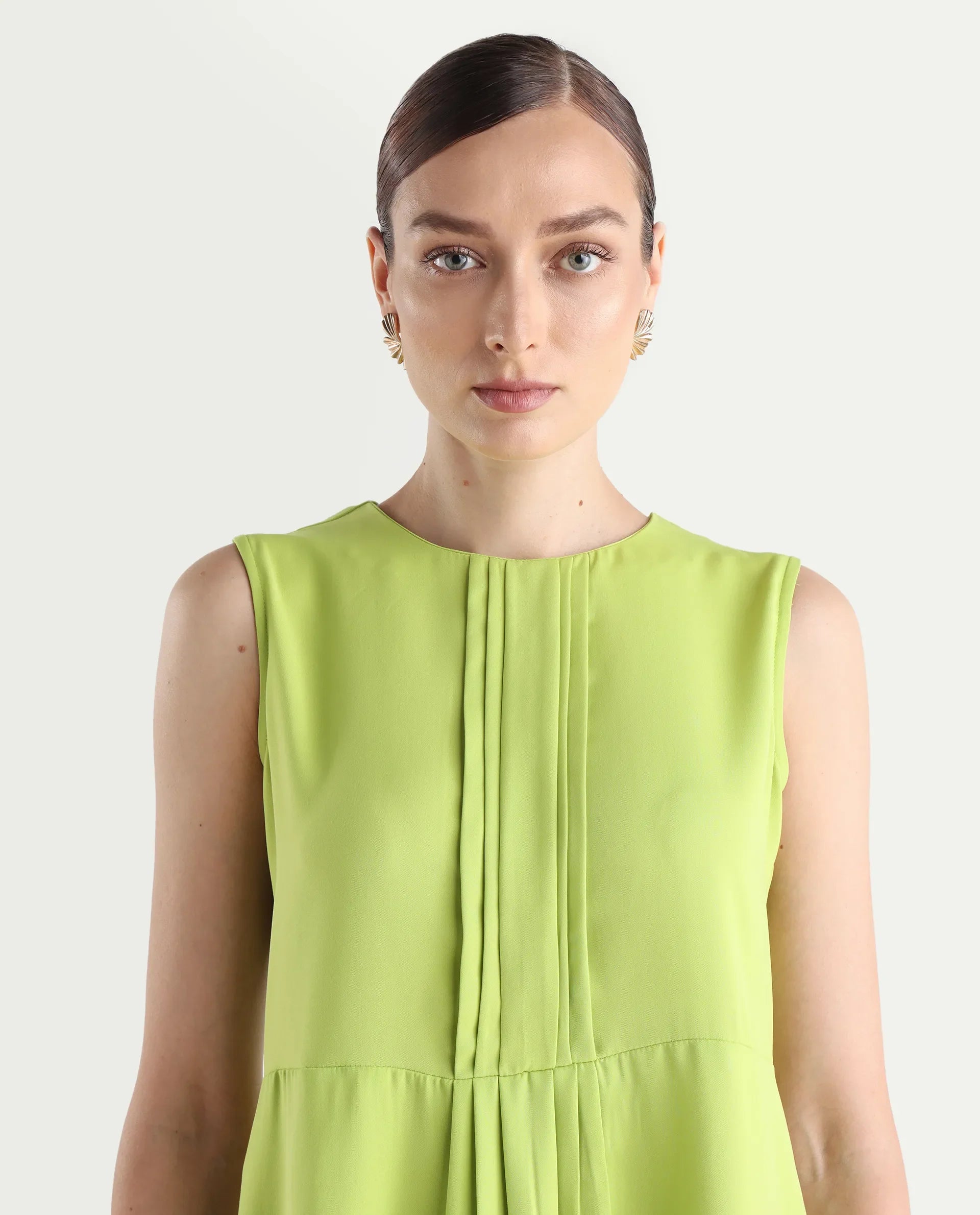 Rareism Women's Roux Green Polyester Blend Crew Neck Plain Sleeveless Mini Fit And Flare Dress