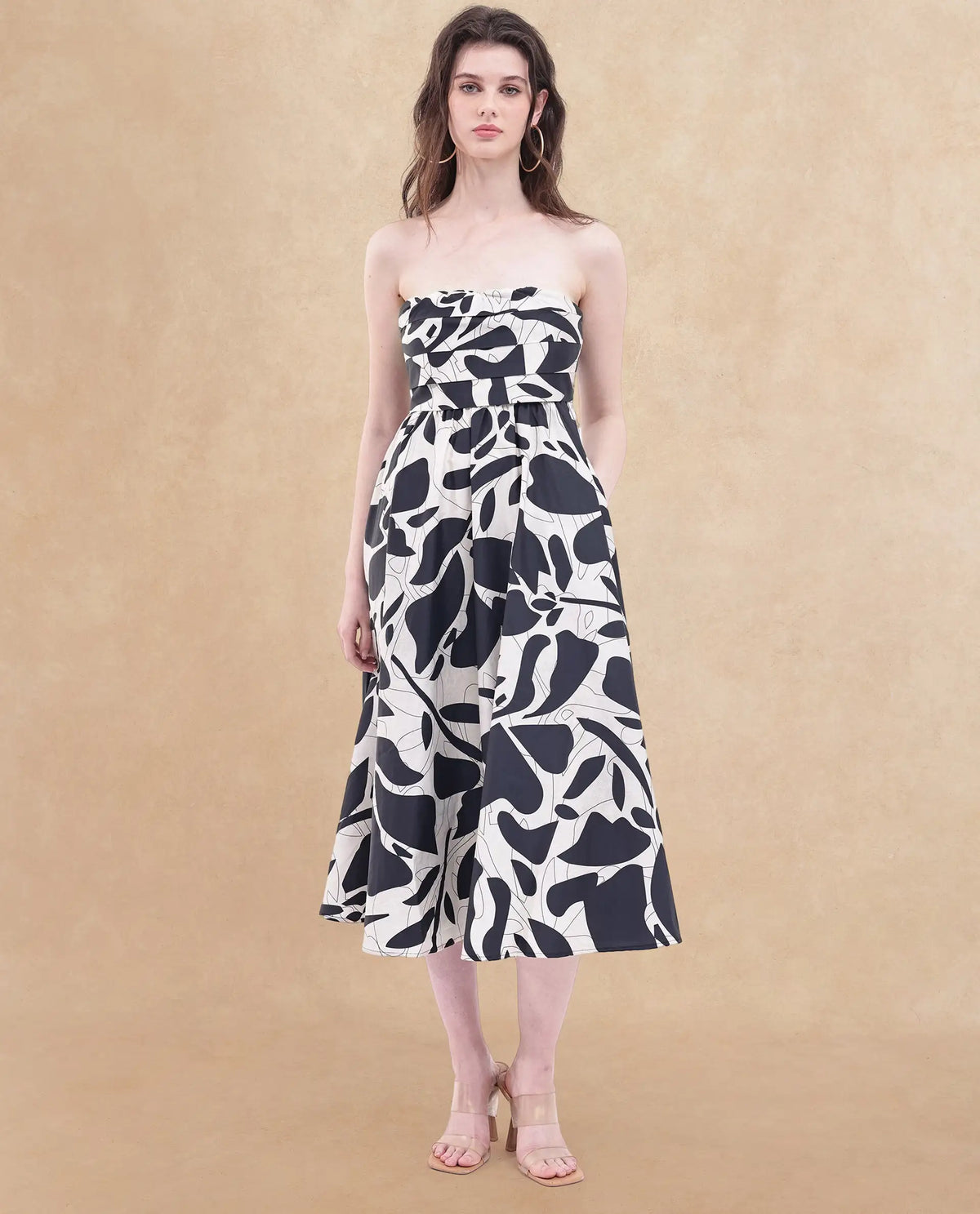 Rareism Women's Rowera Black Cotton Shoulder Strap Abstract Print Sleeveless Midi Fit And Flare Dress
