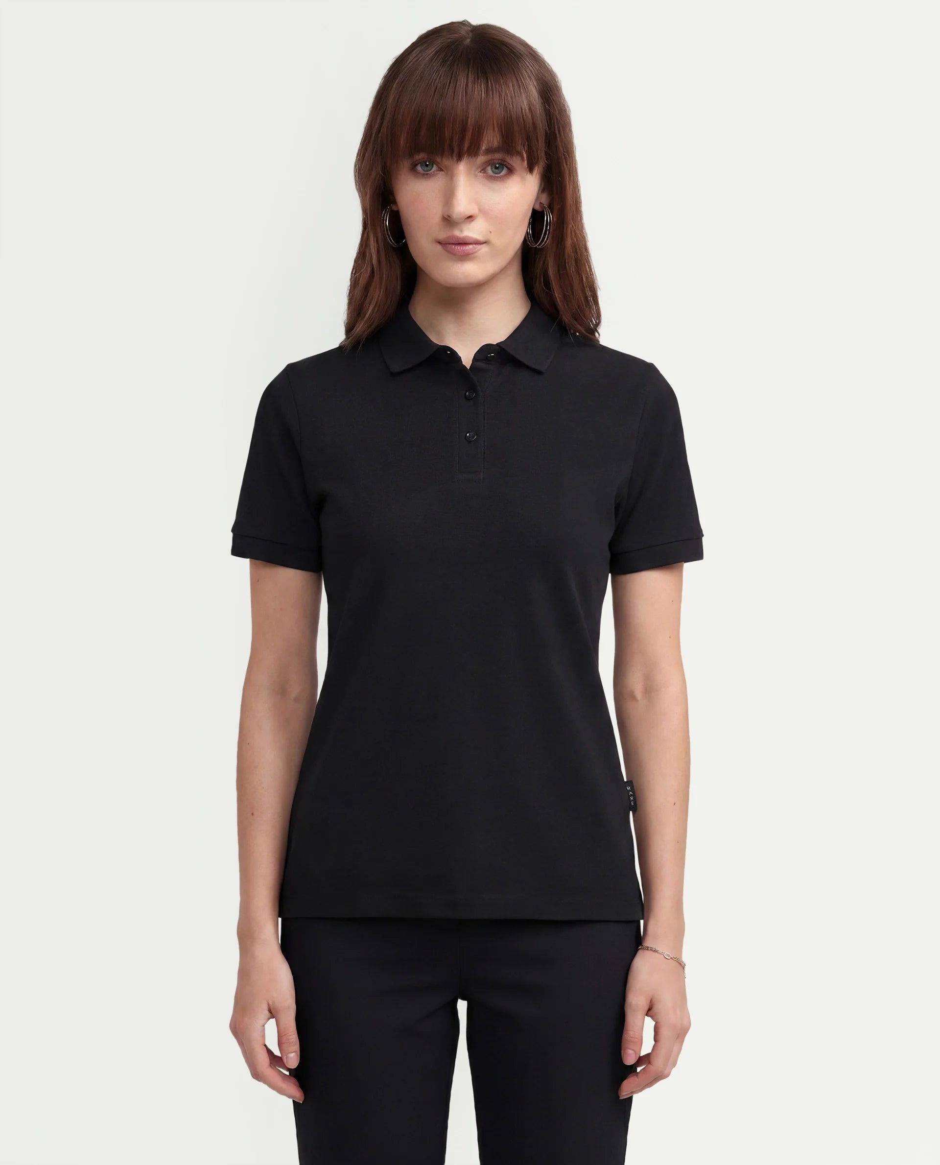 Rareism Women's Basic Rr-Corp-Elane Black Cotton CollaredRegular Plain Polo