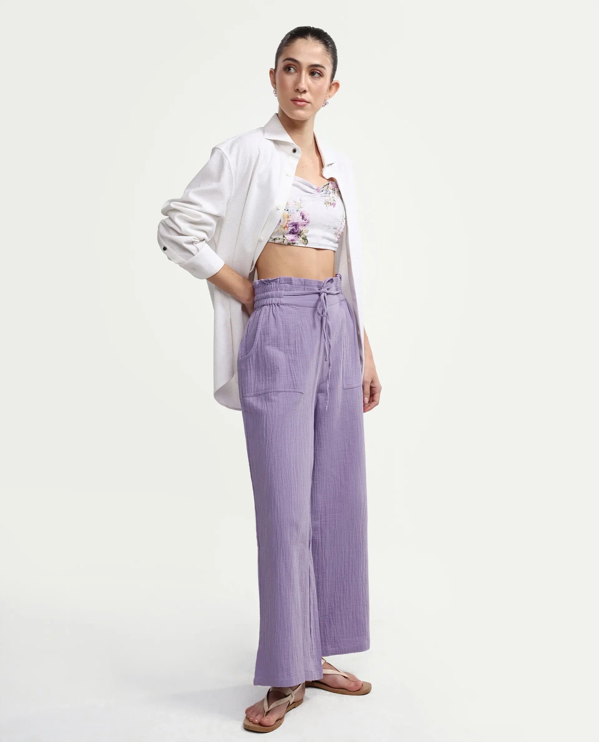 Rareism Women's Jorden B Pastel Cotton Blend Plain Ankle Length Wide Leg Trouser