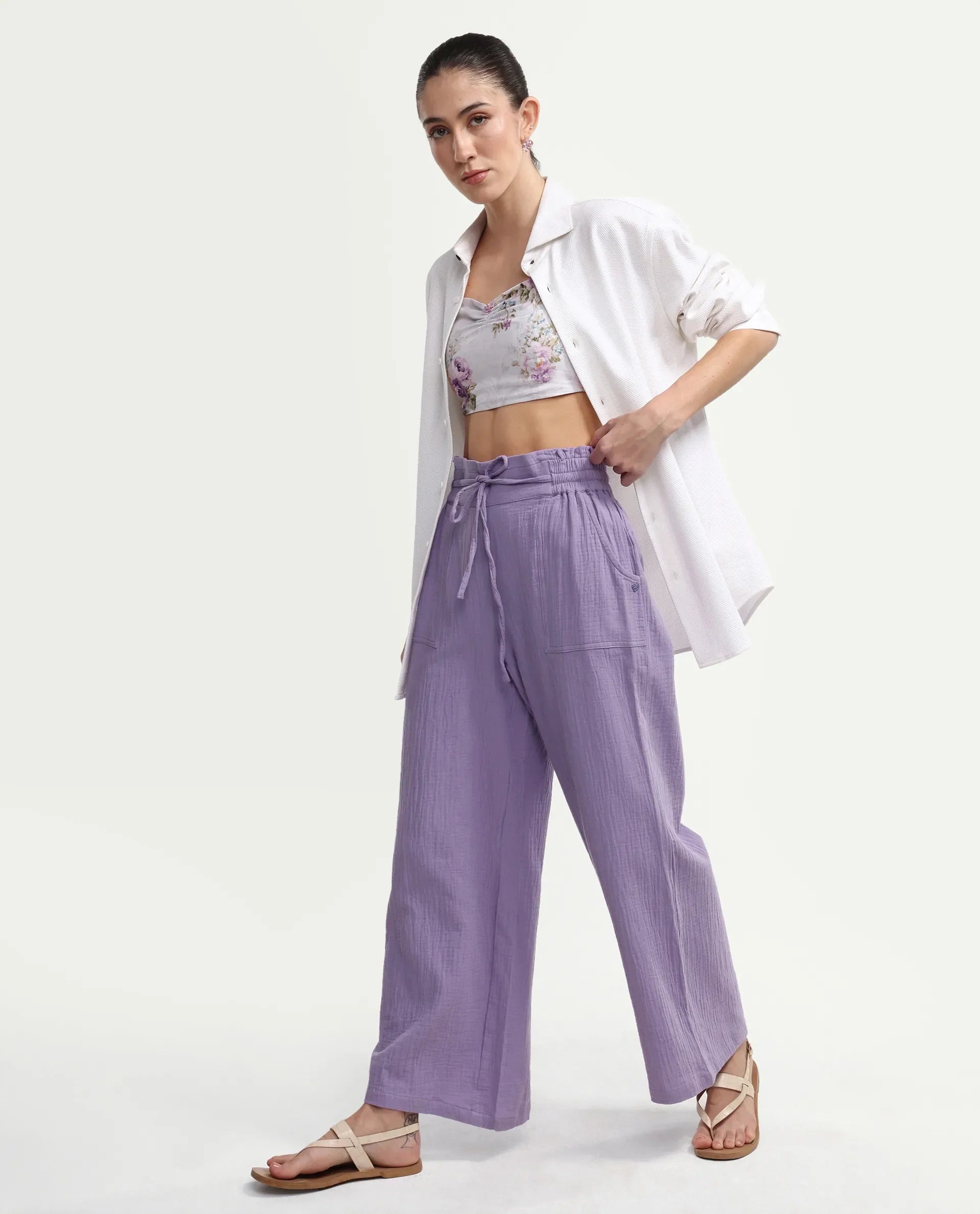 Rareism Women's Jorden B Pastel Cotton Blend Plain Ankle Length Wide Leg Trouser