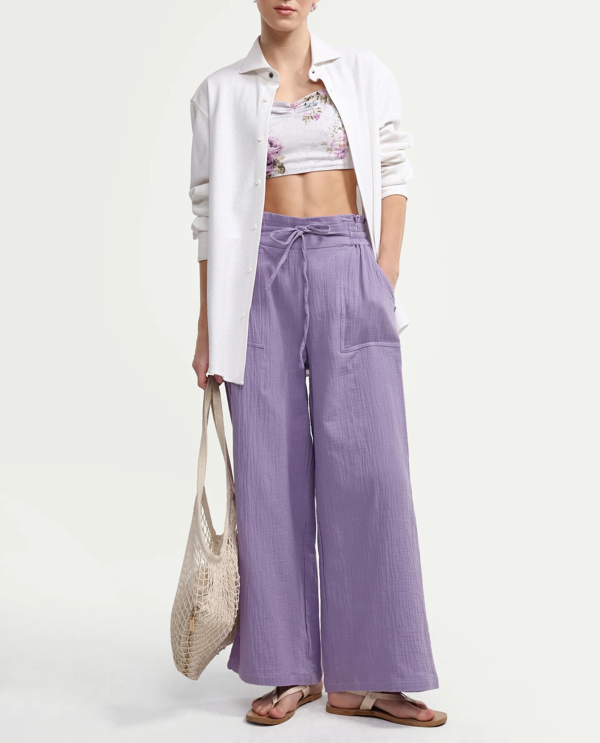 Rareism Women's Jorden B Pastel Cotton Blend Plain Ankle Length Wide Leg Trouser