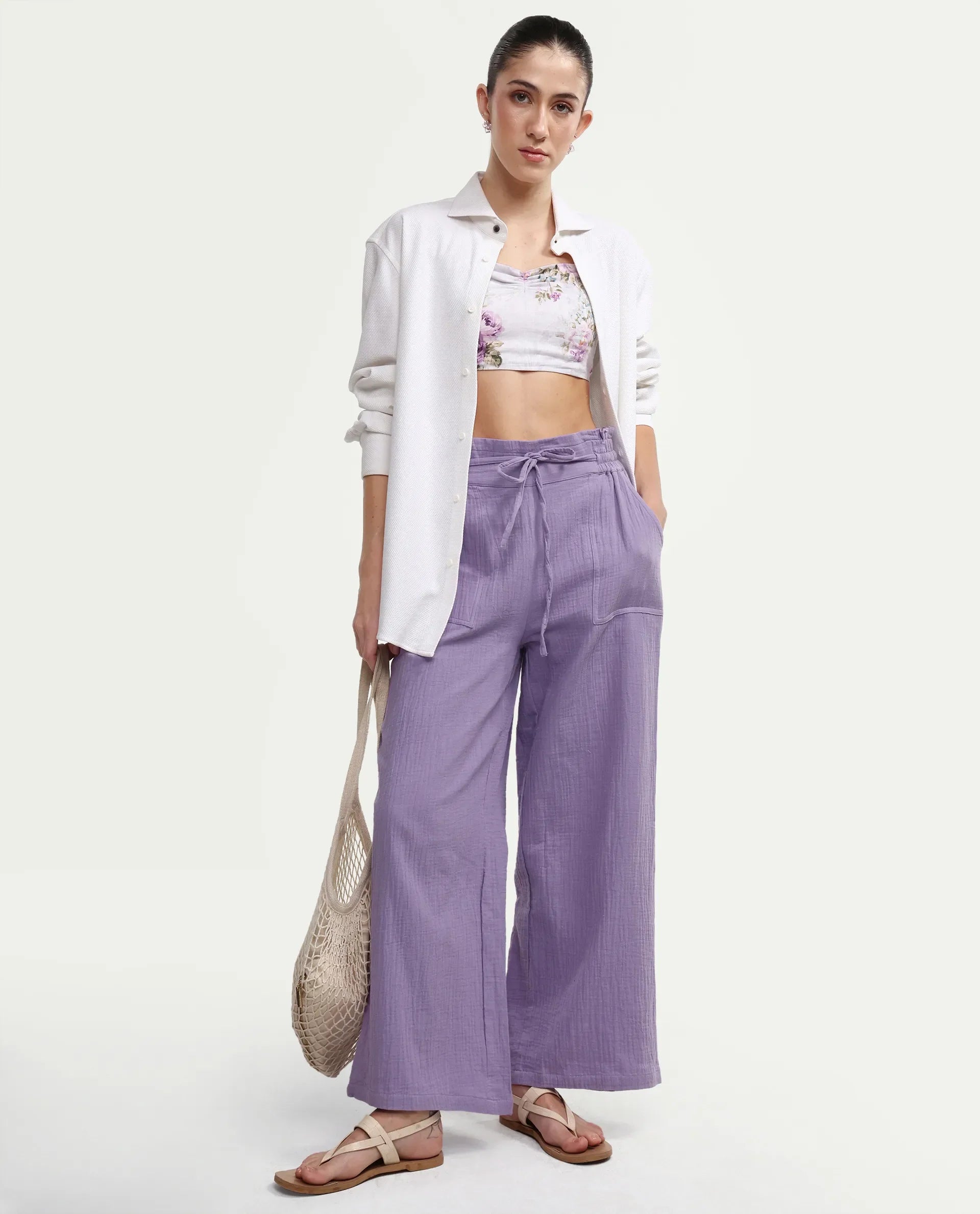 Rareism Women's Jorden B Pastel Cotton Blend Plain Ankle Length Wide Leg Trouser