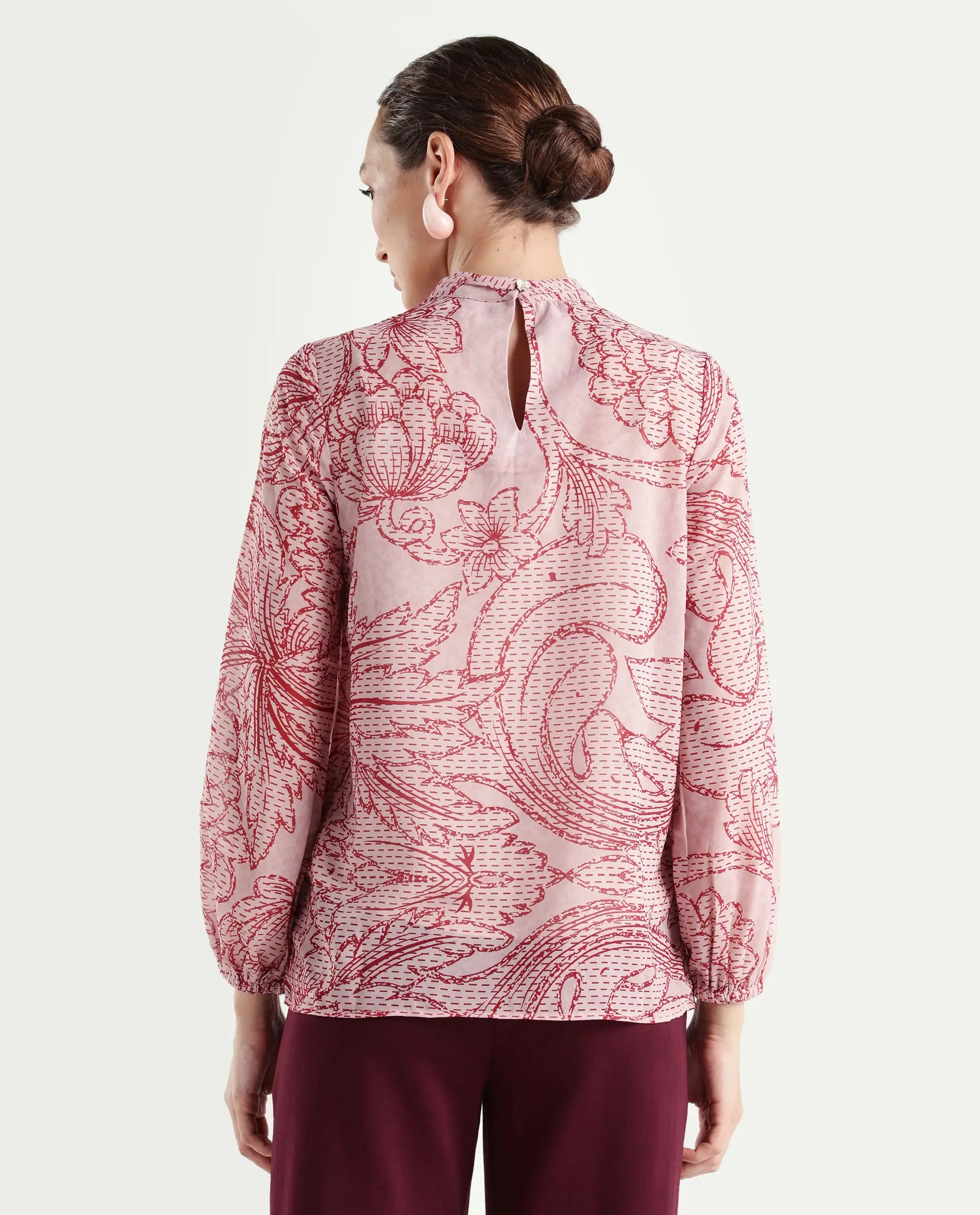 Rareism Women's Massy Multi Cotton Blend High Neck Abstract Print Bishop Sleeve Regular Fit Top