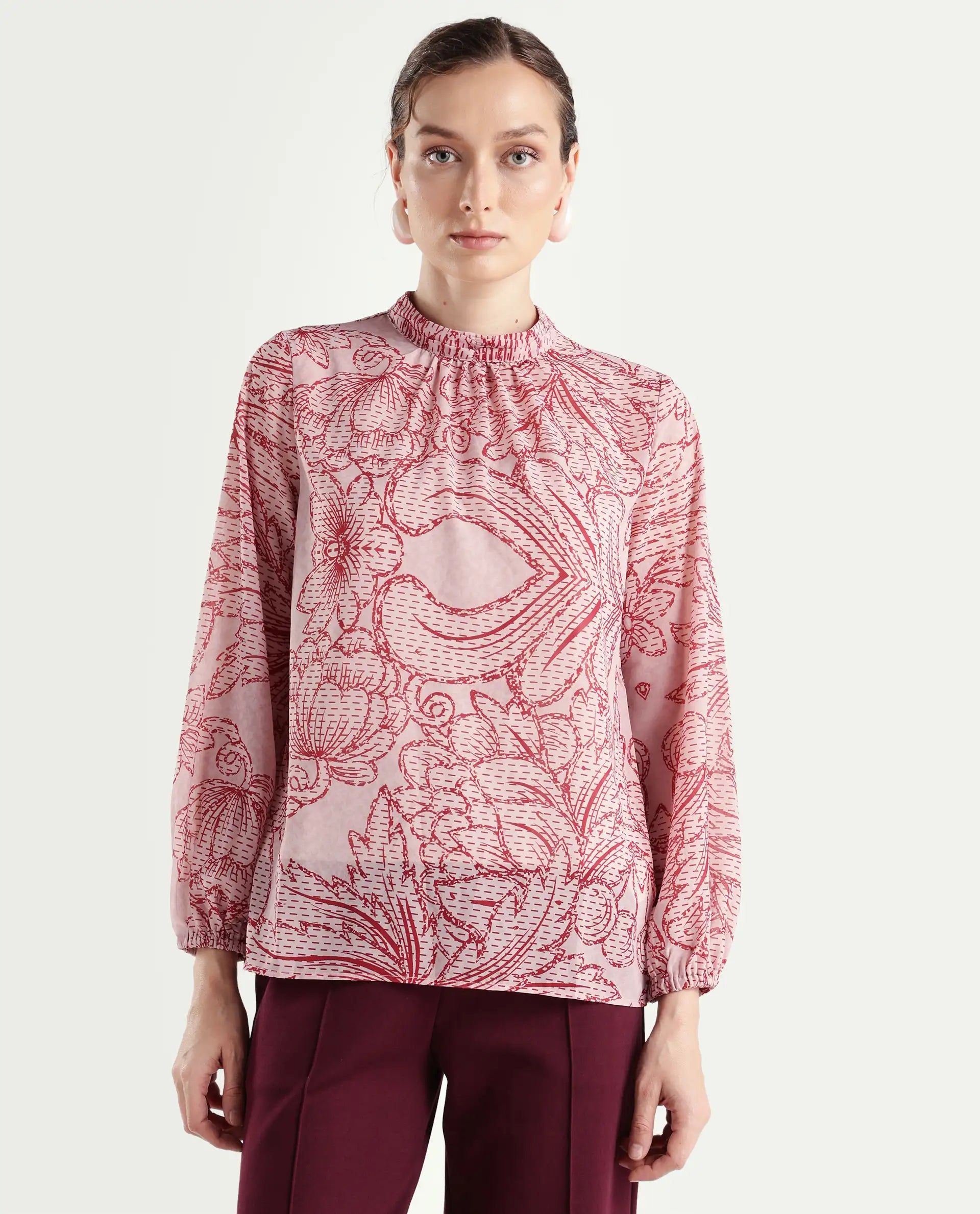 Rareism Women's Massy Multi Cotton Blend High Neck Abstract Print Bishop Sleeve Regular Fit Top