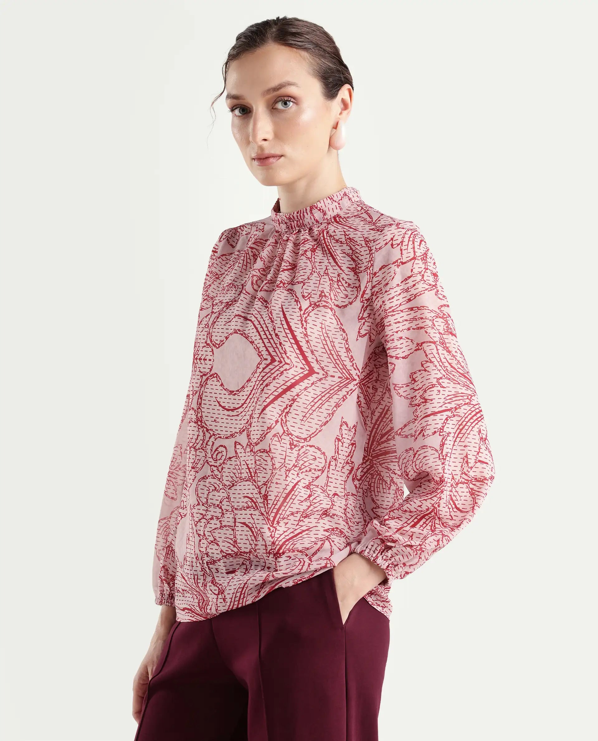 Rareism Women's Massy Multi Cotton Blend High Neck Abstract Print Bishop Sleeve Regular Fit Top