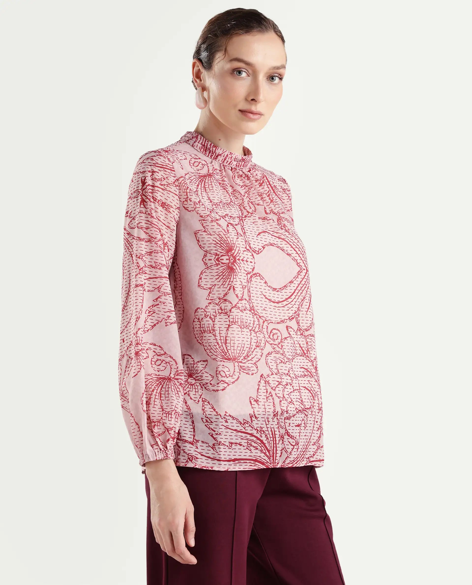 Rareism Women's Massy Multi Cotton Blend High Neck Abstract Print Bishop Sleeve Regular Fit Top