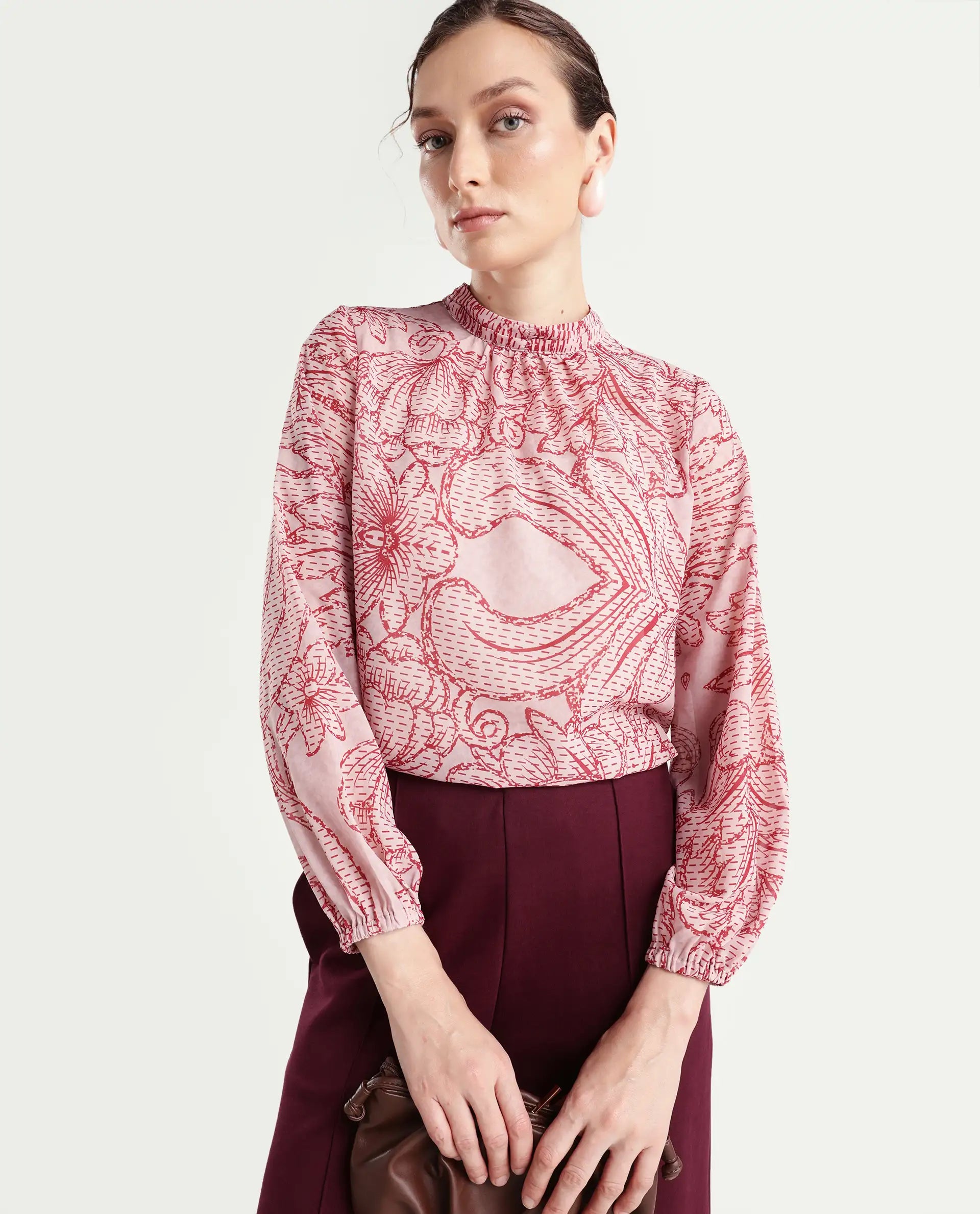 Rareism Women's Massy Multi Cotton Blend High Neck Abstract Print Bishop Sleeve Regular Fit Top