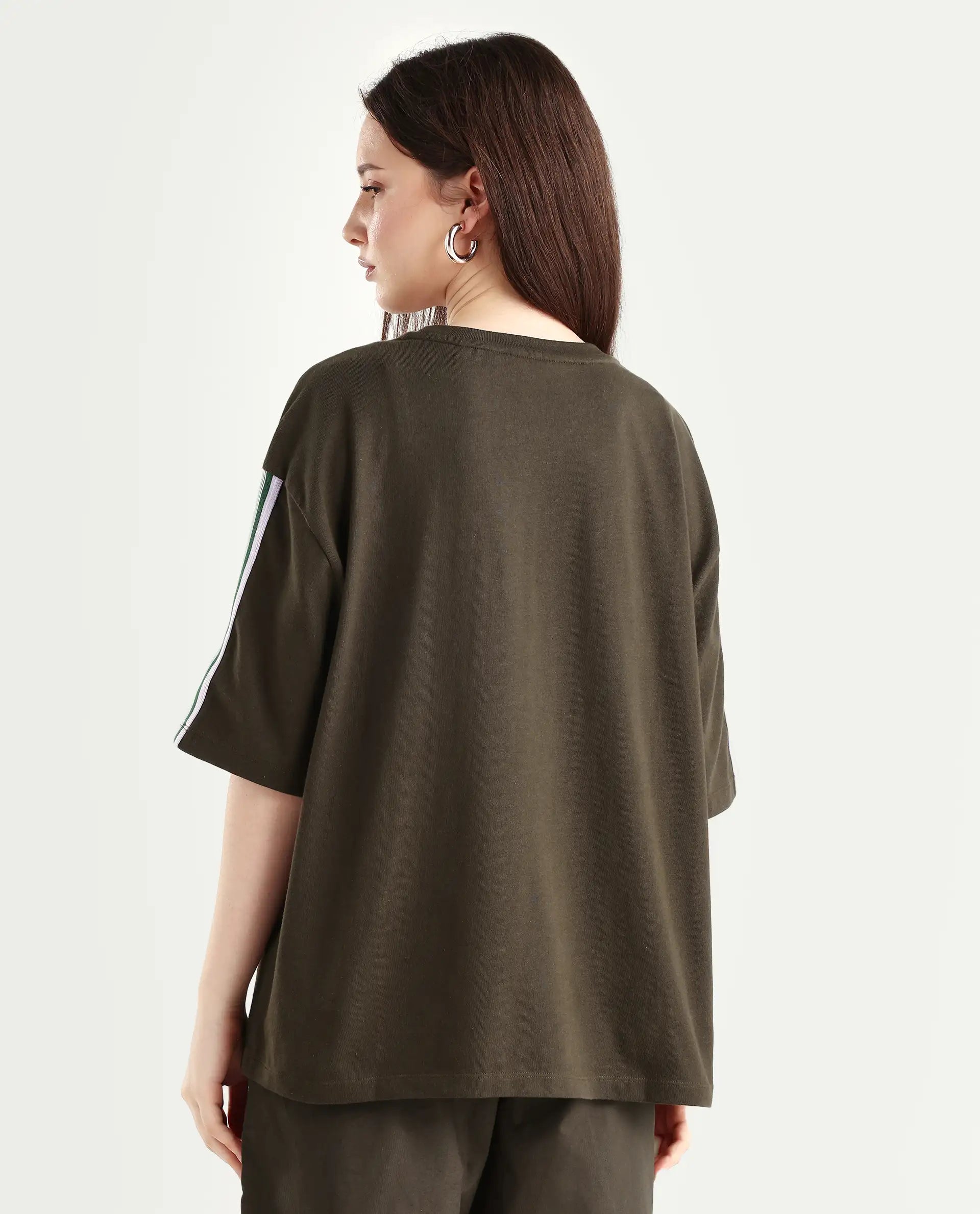 Rareism Women's Nonwen T Brown Cotton Blend Crew Neck Striped Oversized T-Shirt