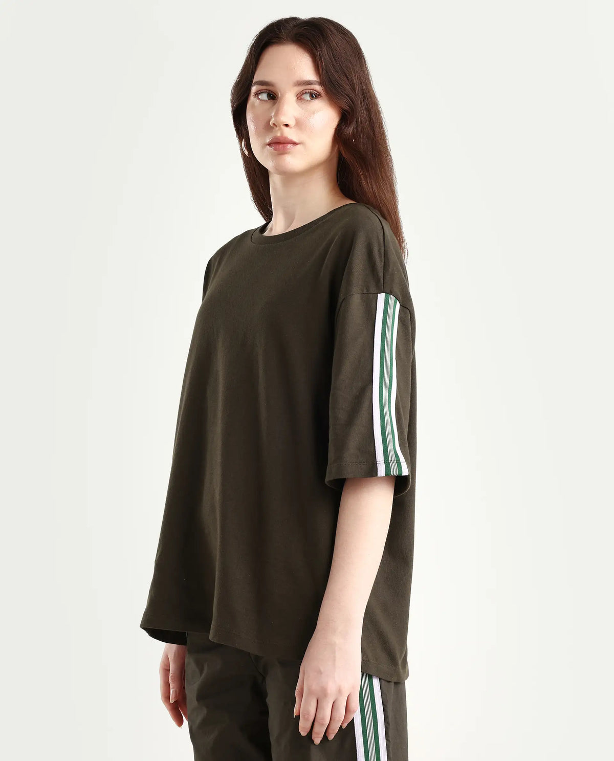Rareism Women's Nonwen T Brown Cotton Blend Crew Neck Striped Oversized T-Shirt
