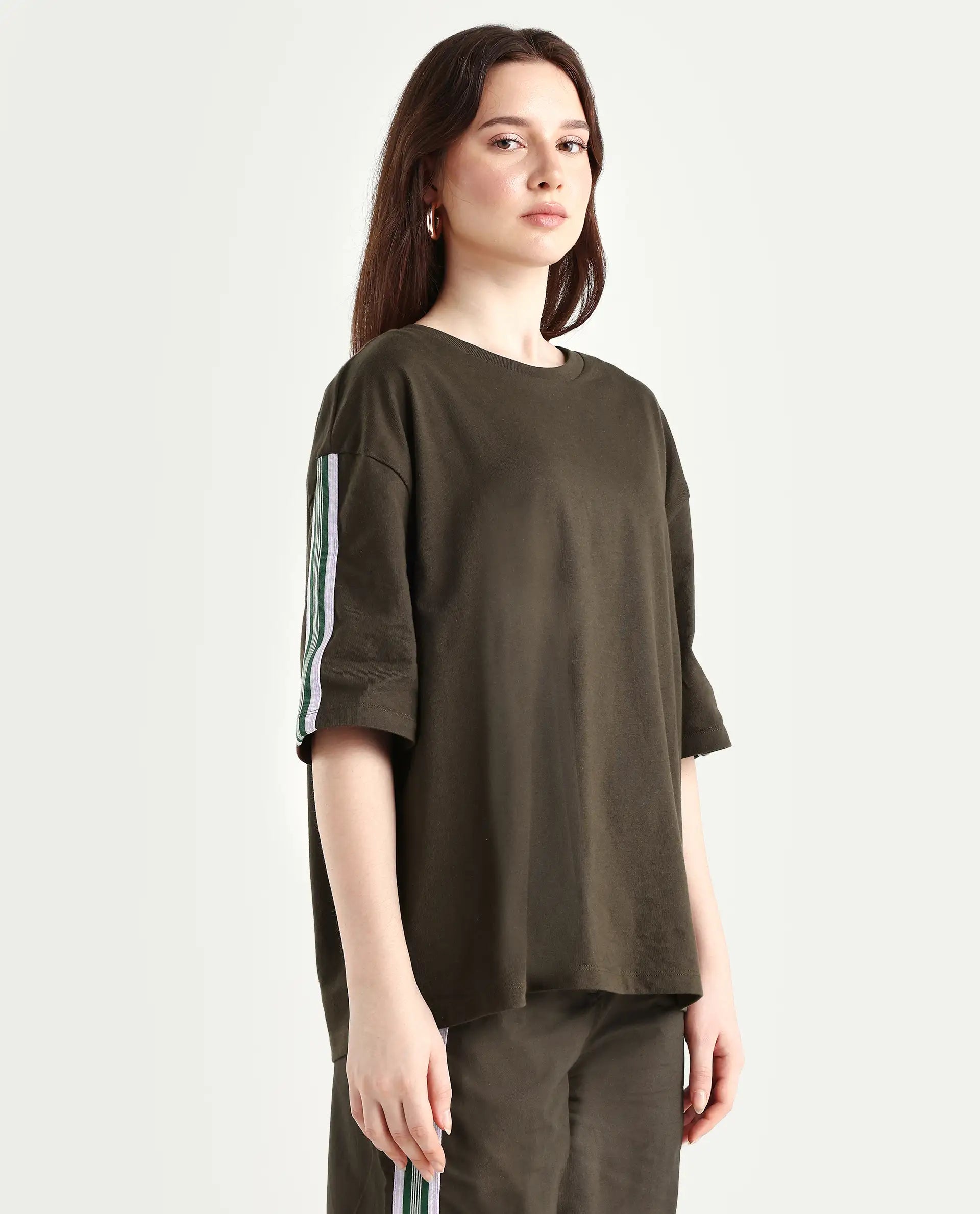 Rareism Women's Nonwen T Brown Polyester Blend Crew Neck Striped Oversized T-Shirt