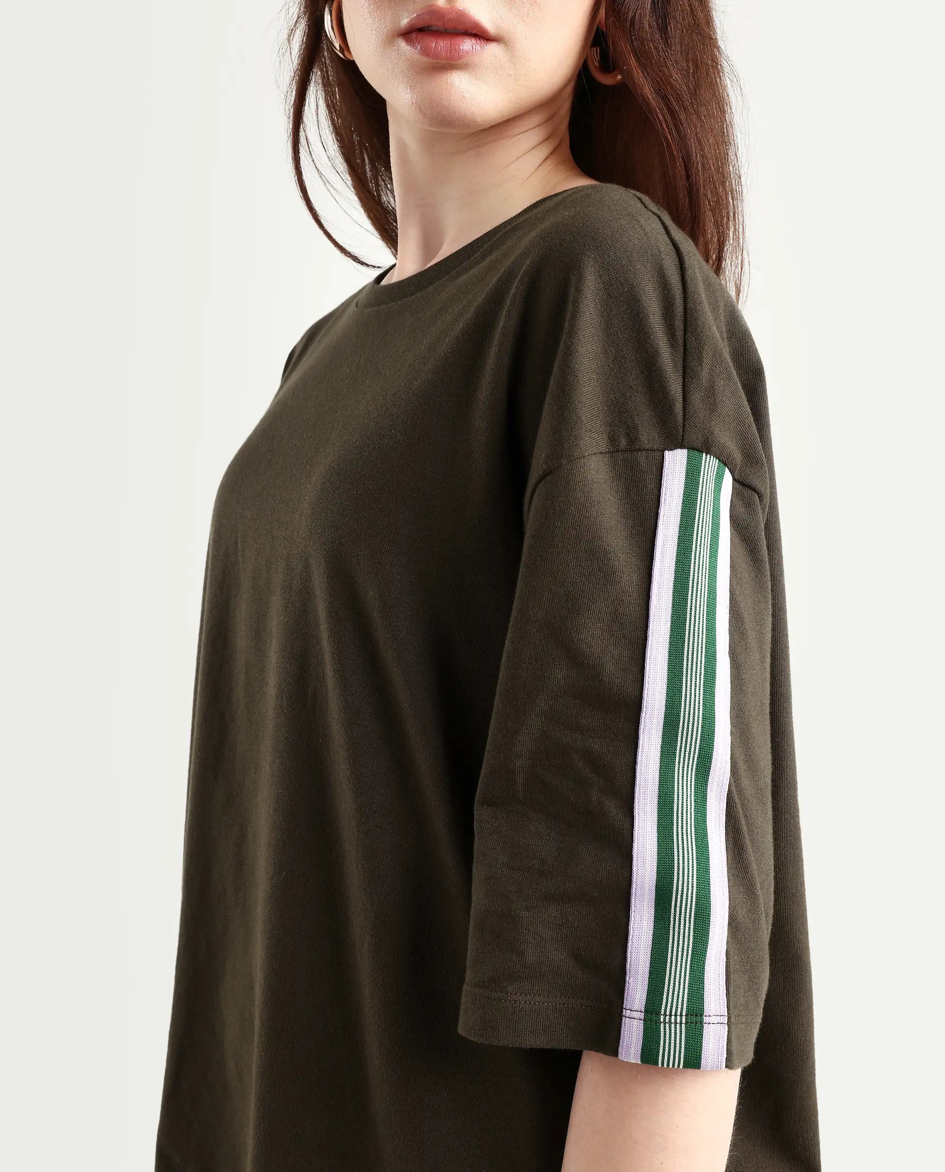 Rareism Women's Nonwen T Brown Cotton Blend Crew Neck Striped Oversized T-Shirt