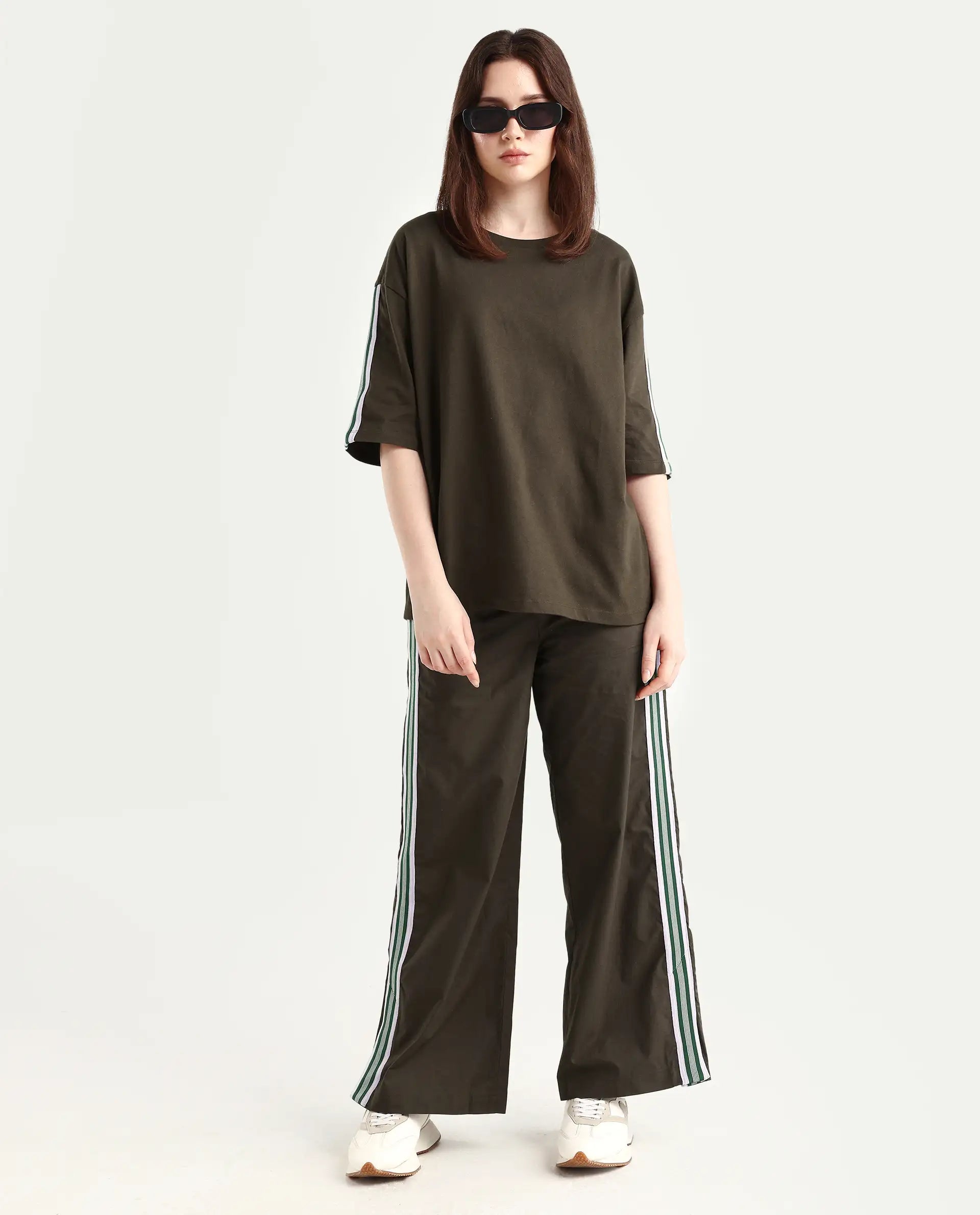 Rareism Women's Nonwen T Brown Polyester Blend Crew Neck Striped Oversized T-Shirt