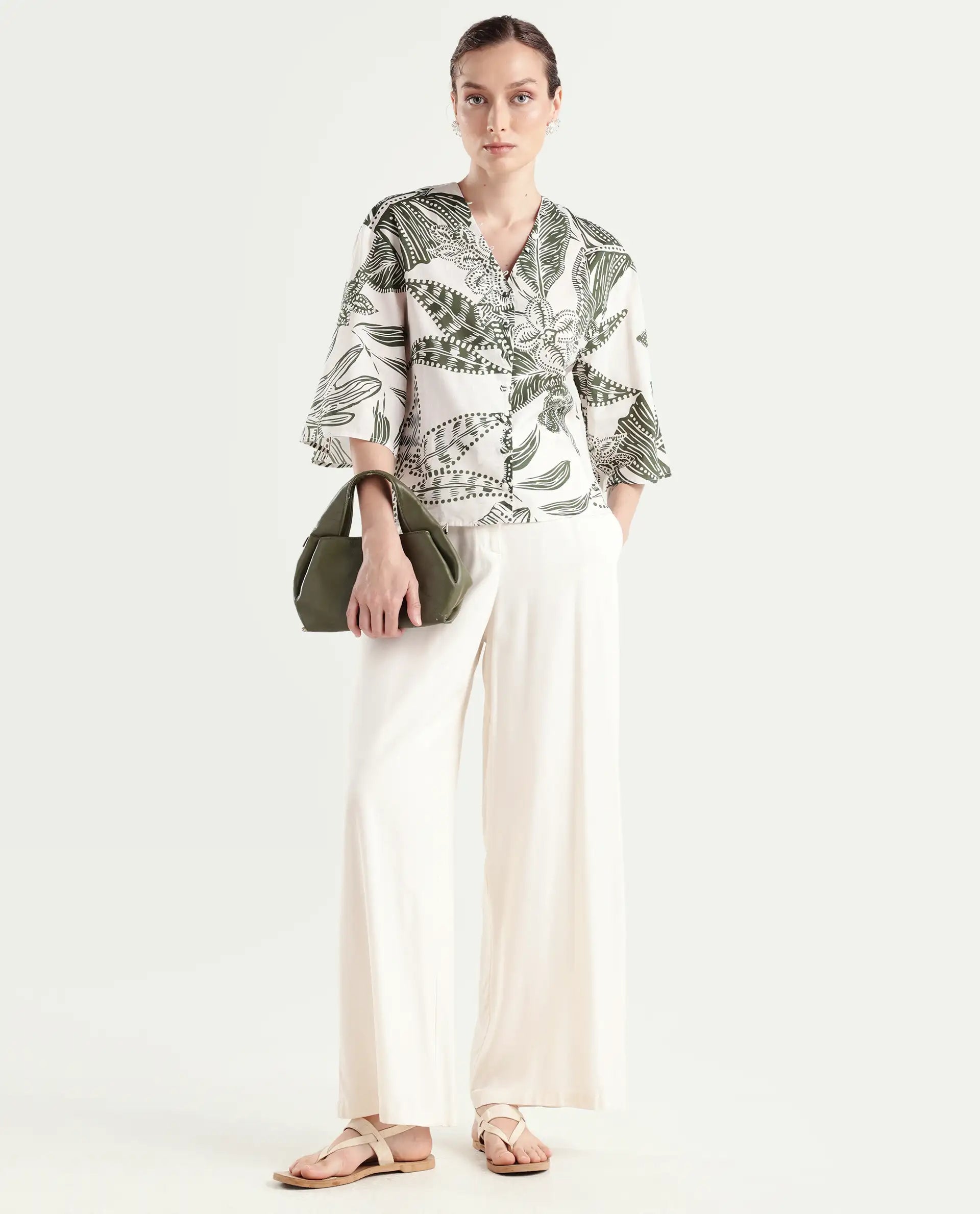Rareism Women's Ronil Beige Cotton V-Neck Floral Print Raglan Sleeve Crop Regular Fit Top