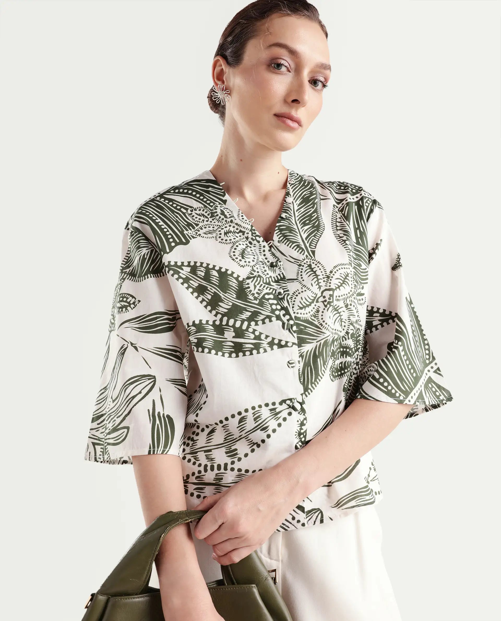 Rareism Women's Ronil Beige Cotton V-Neck Floral Print Raglan Sleeve Crop Regular Fit Top