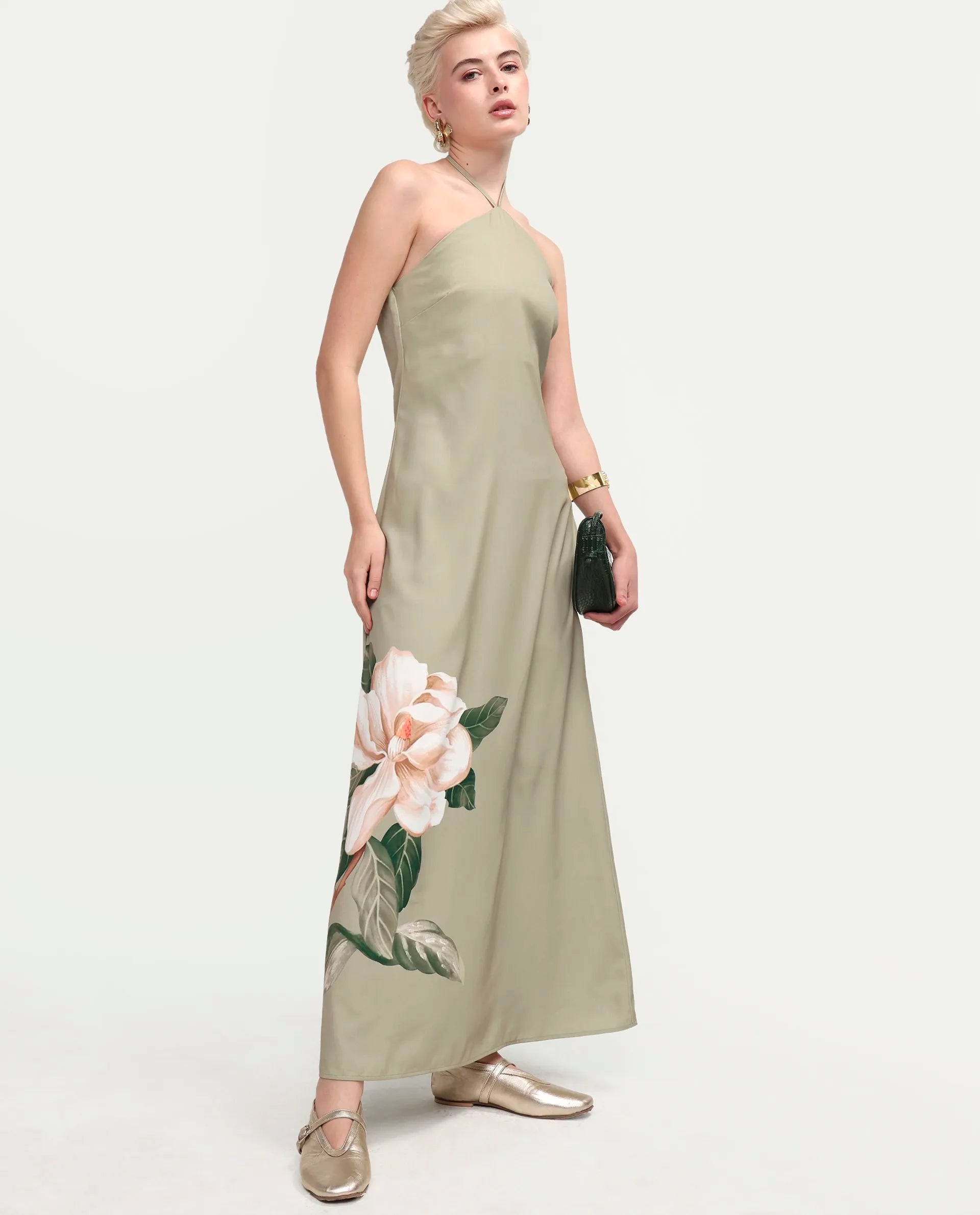 Rareism Women's Avipary Multi Polyester Sleeveless Halter Neck Zipper A-Line Floral Print Dress