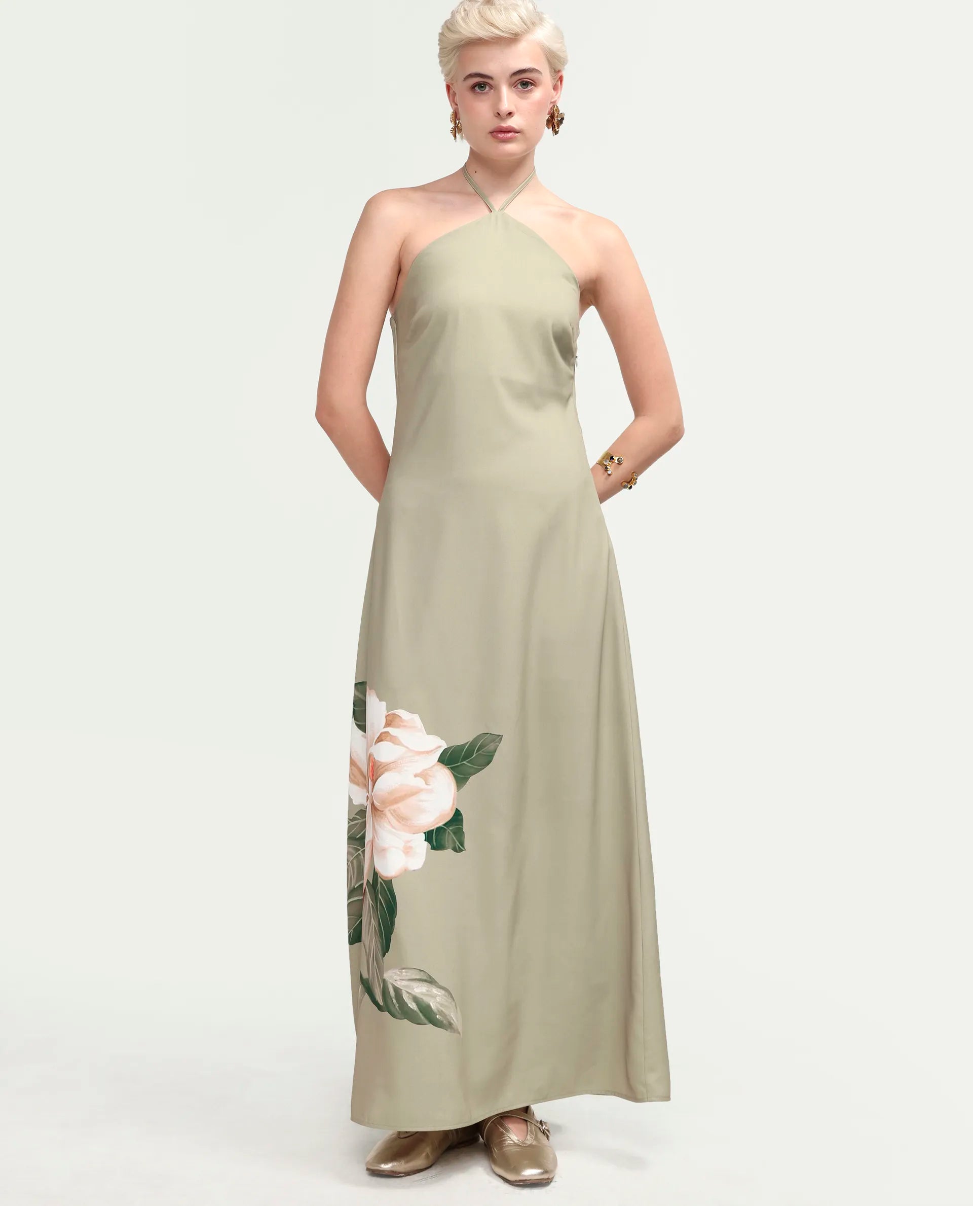 Rareism Women's Avipary Multi Polyester Sleeveless Halter Neck Zipper A-Line Floral Print Dress