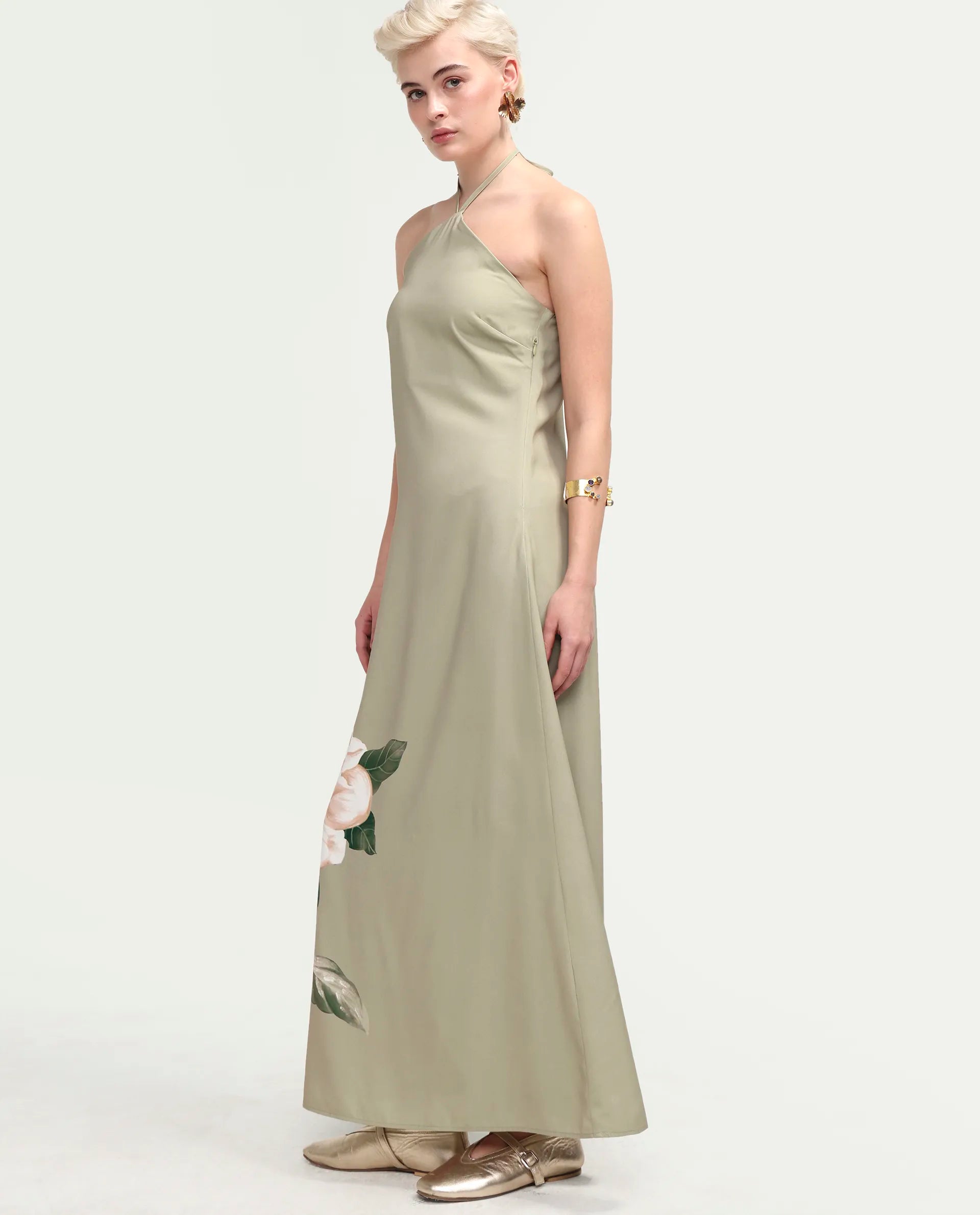 Rareism Women's Avipary Multi Polyester Sleeveless Halter Neck Zipper A-Line Floral Print Dress