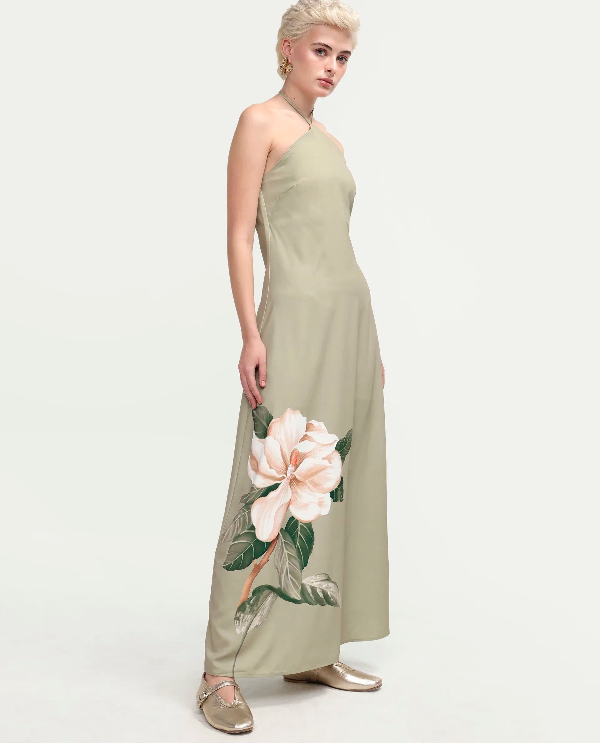 Rareism Women's Avipary Multi Polyester Sleeveless Halter Neck Zipper A-Line Floral Print Dress