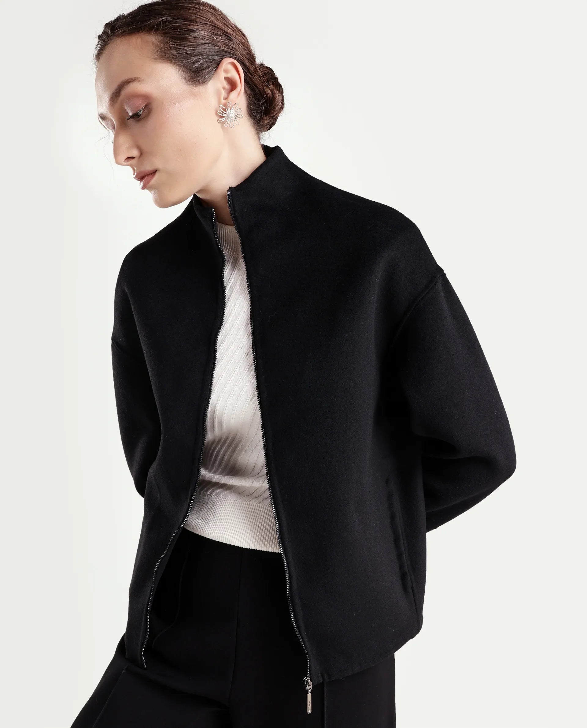 Rareism Women's Newool Black Polyester Blend High Neck Regular Fit Jacket