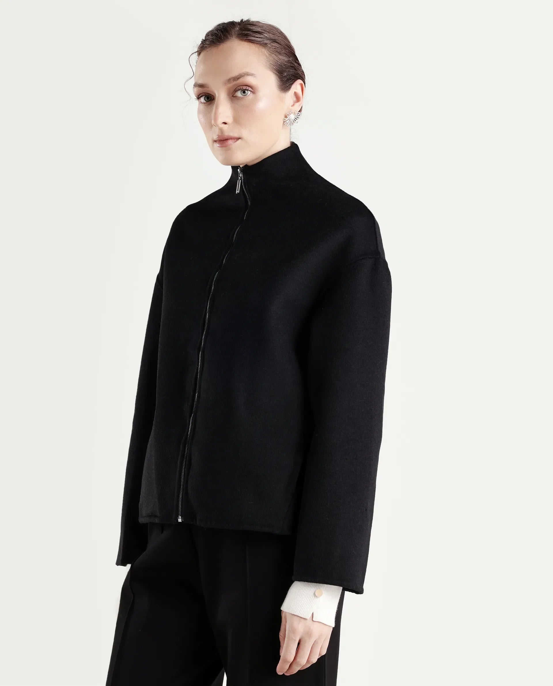 Rareism Women's Newool Black Polyester Blend High Neck Regular Fit Jacket