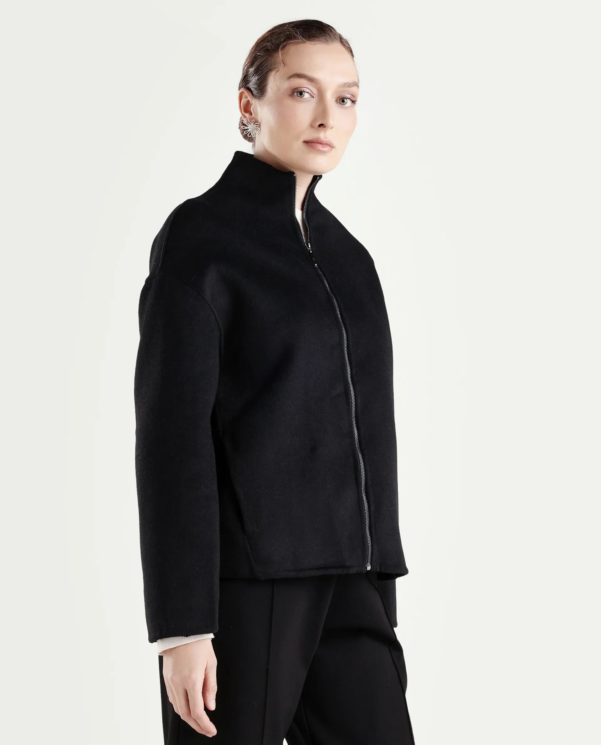 Rareism Women's Newool Black Polyester Blend High Neck Regular Fit Jacket