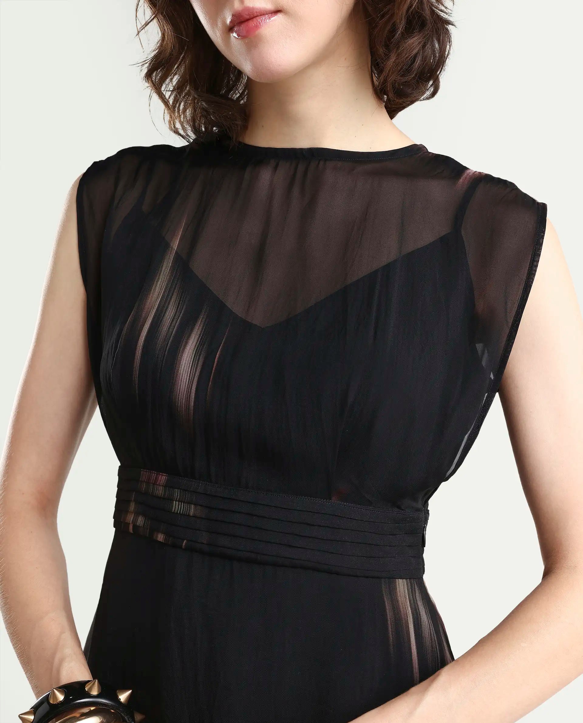 Rareism-Women's Jubin Black Viscose Printed Flared Dress