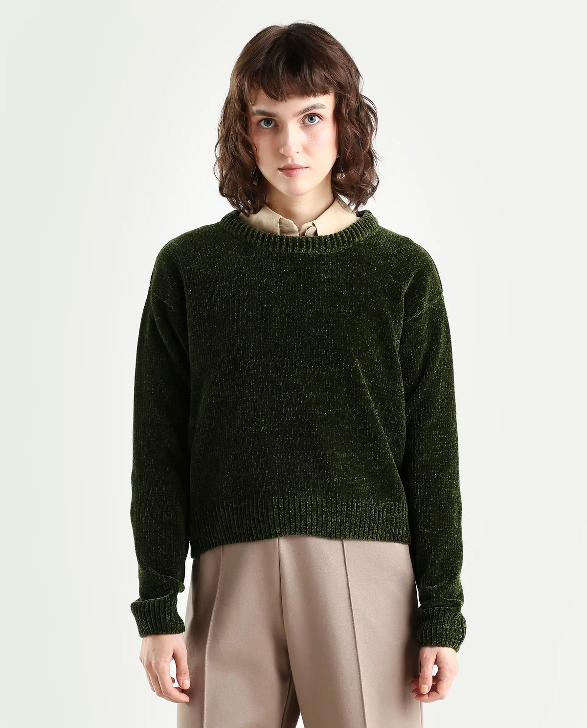 Rareism Women's Tosta Dark Olive Acrylic Crew Neck Relaxed Fit Plain Sweater