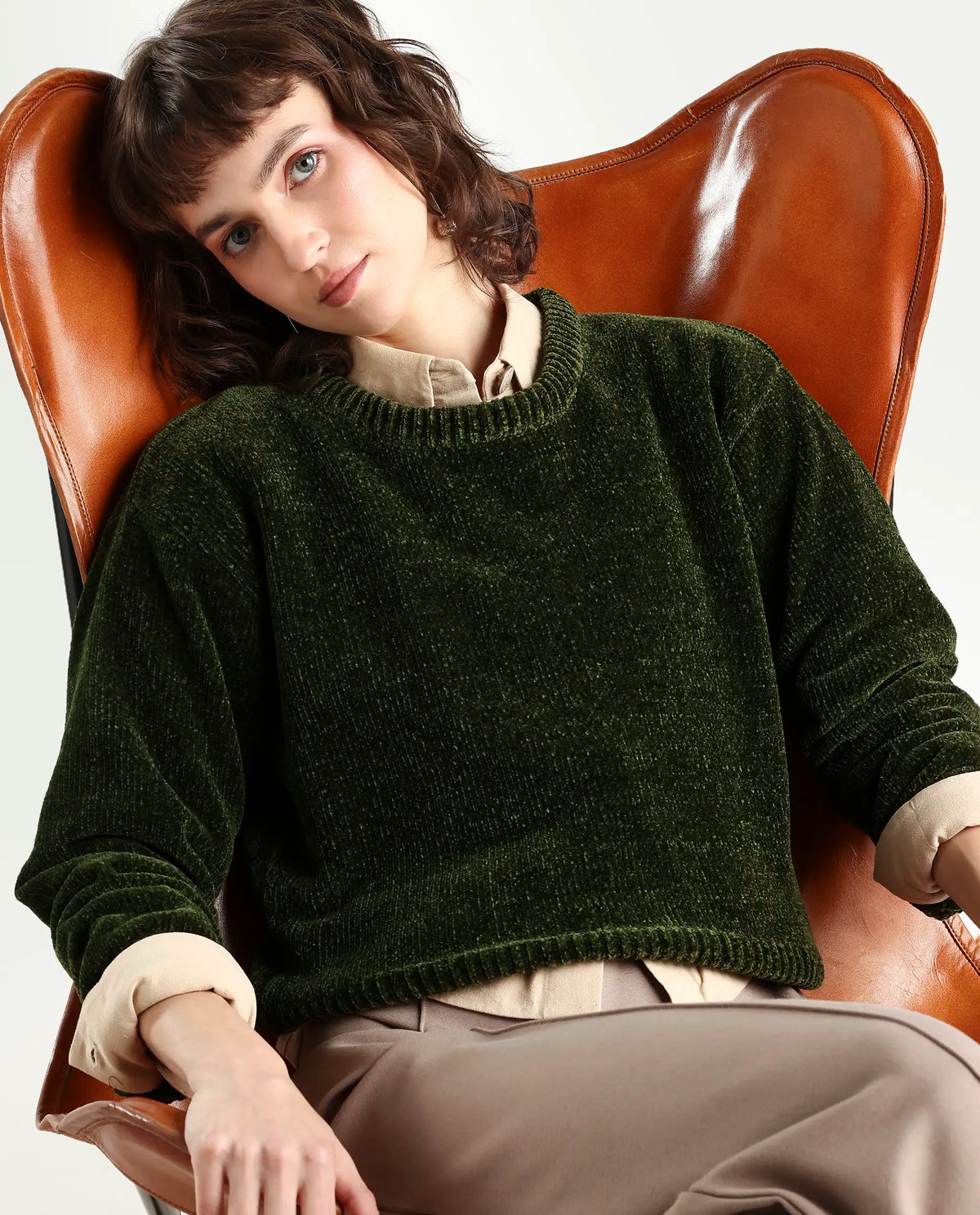 Rareism Women's Tosta Dark Olive Acrylic Crew Neck Relaxed Fit Plain Sweater
