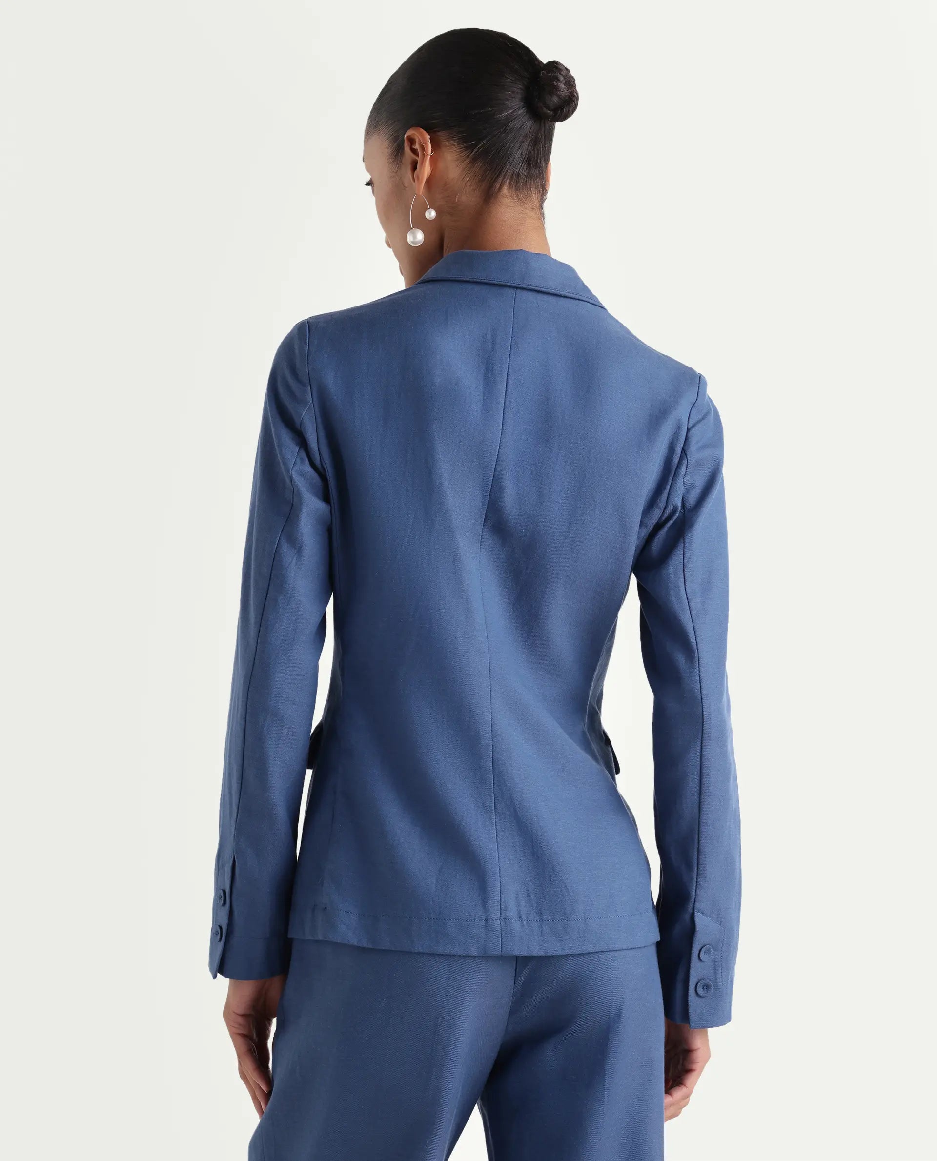Rareism Women's Linzy-T Blue 100% Linen Full Sleeve Lapel Neck Regular Plain Blazer