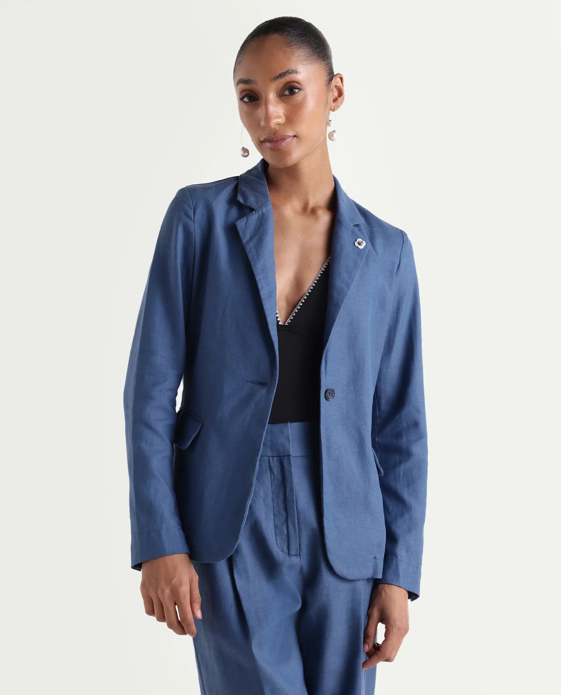 Rareism Women's Linzy-T Blue 100% Linen Full Sleeve Lapel Neck Regular Plain Blazer