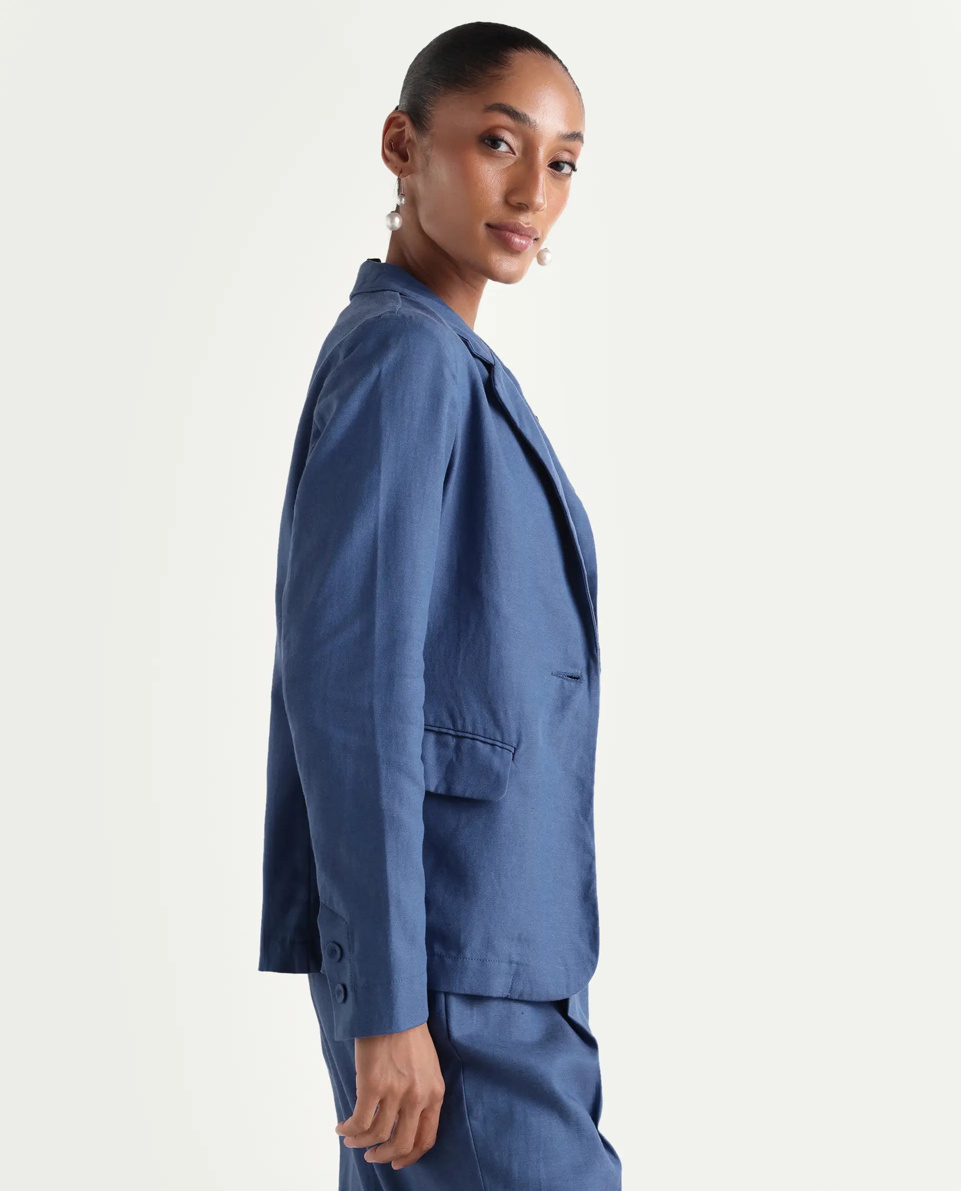 Rareism Women's Linzy-T Blue 100% Linen Full Sleeve Lapel Neck Regular Plain Blazer