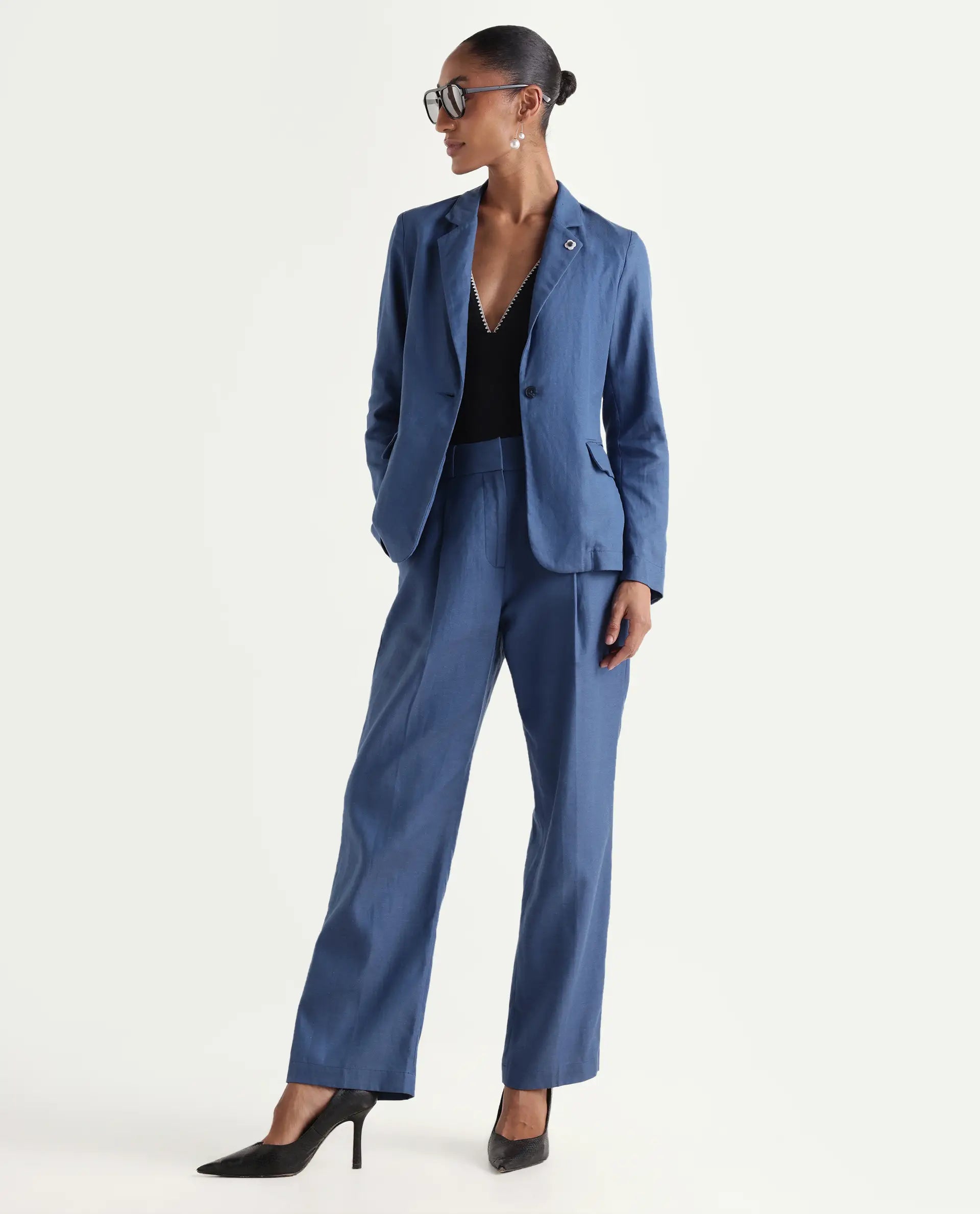 Rareism Women's Linzy-T Blue 100% Linen Full Sleeve Lapel Neck Regular Plain Blazer