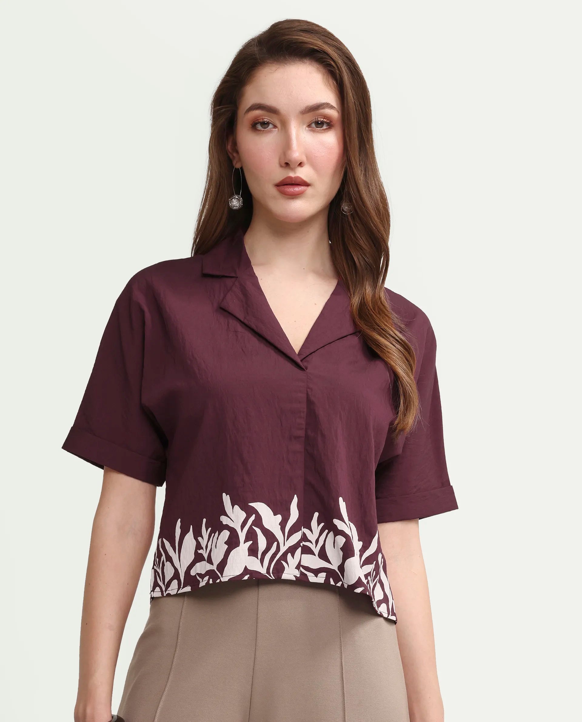 Rareism Women's Marlap Maroon Viscose Blend Half Sleeve Lapel Neck Regular Fit Abstract Print Top