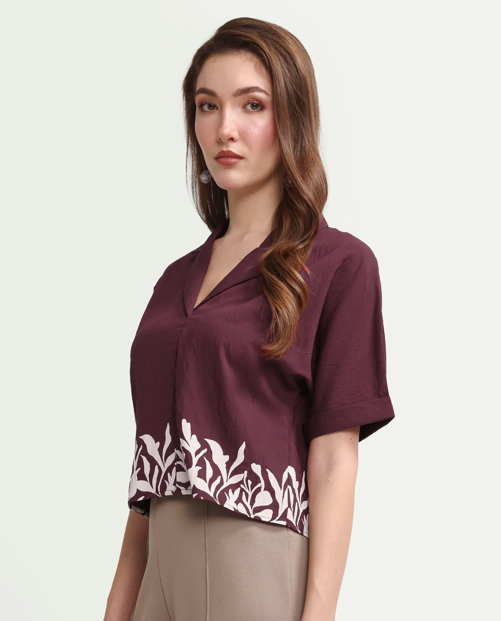 Rareism Women's Marlap Maroon Viscose Blend Half Sleeve Lapel Neck Regular Fit Abstract Print Top