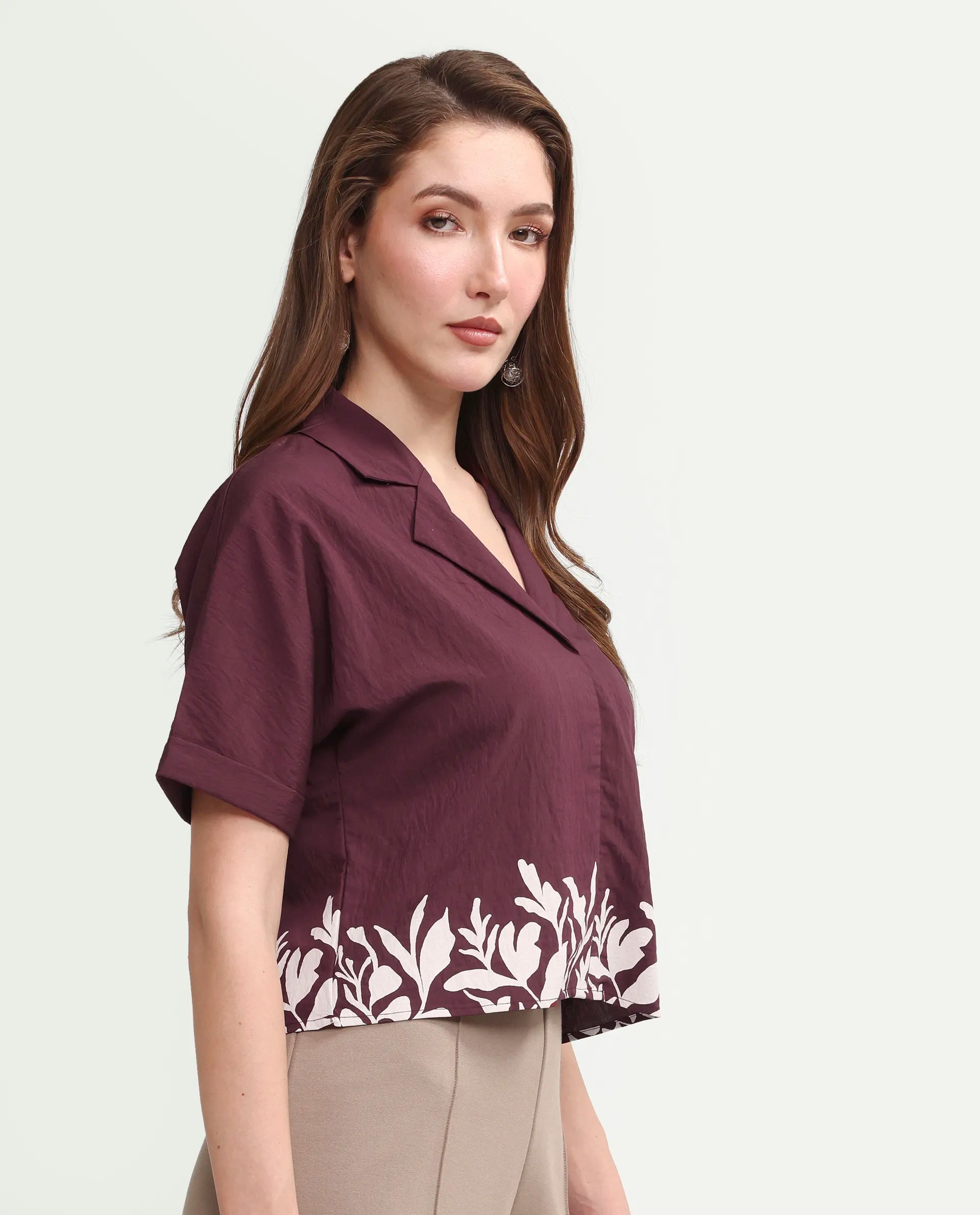 Rareism Women's Marlap Maroon Viscose Blend Half Sleeve Lapel Neck Regular Fit Abstract Print Top