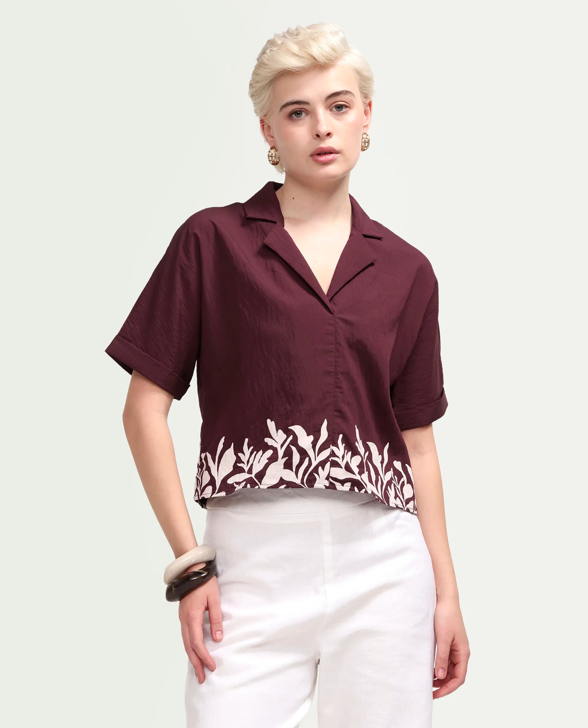 Rareism Women's Marlap Maroon Nylon Blend Half Sleeve Lapel Neck Regular Fit Abstract Print Top