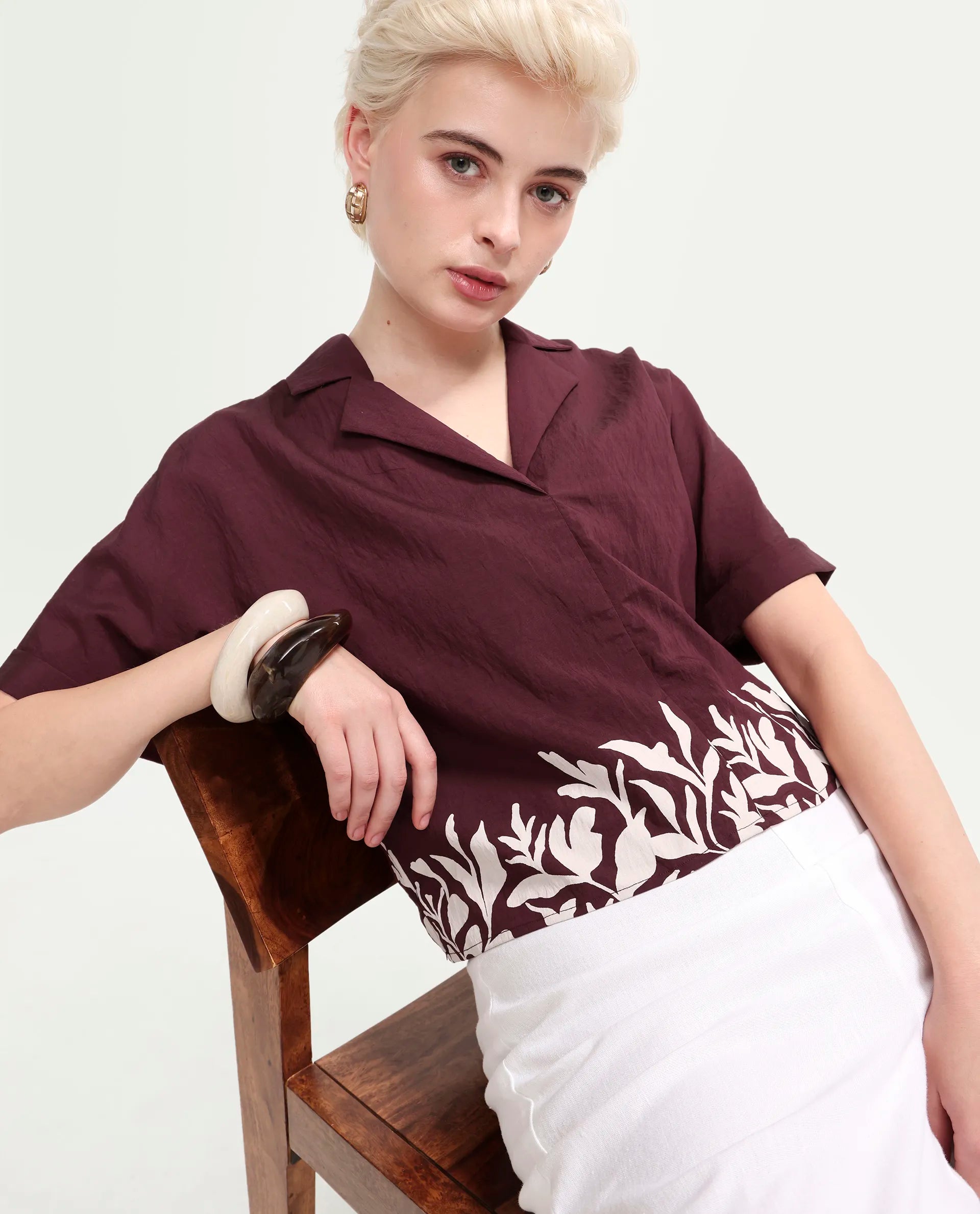 Rareism Women's Marlap Maroon Viscose Blend Half Sleeve Lapel Neck Regular Fit Abstract Print Top