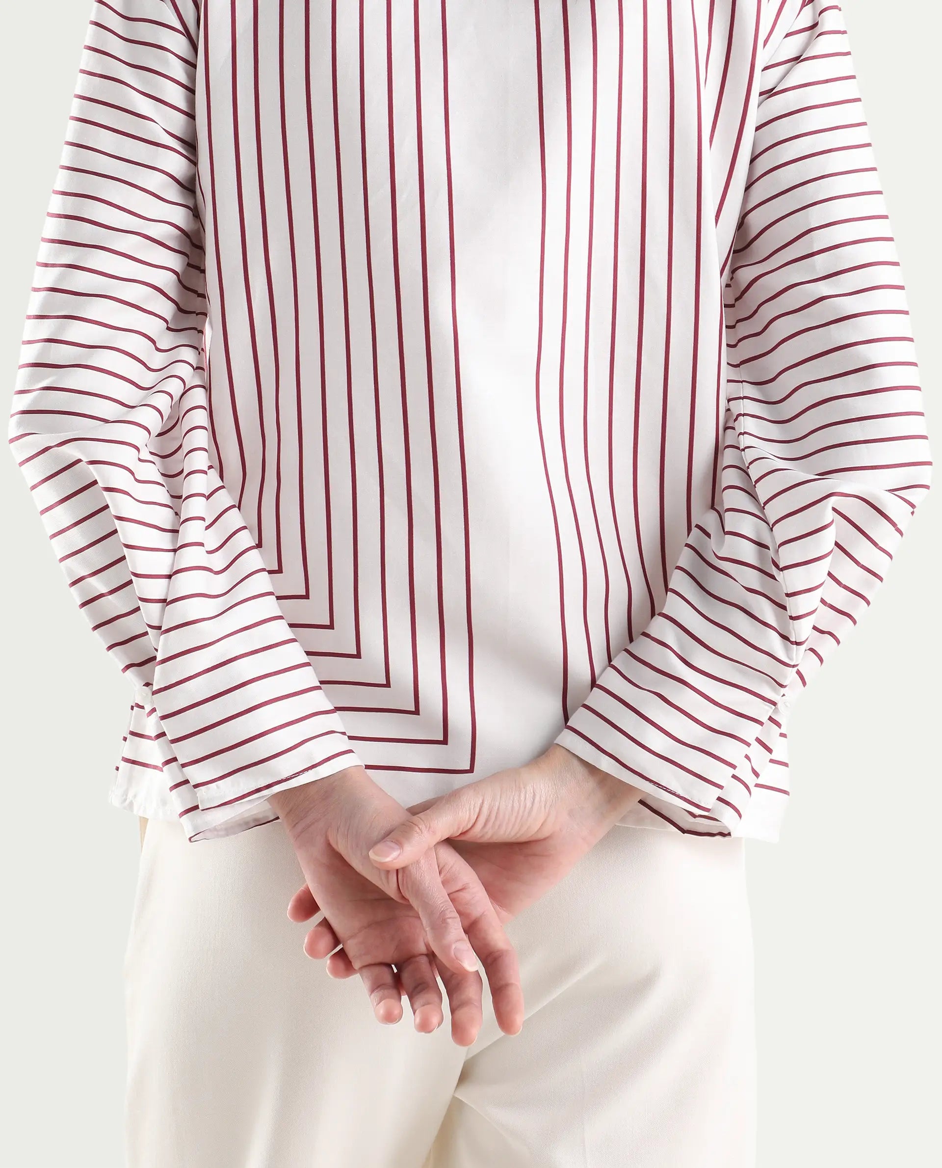 Rareism Women's Janlopo Red Cotton Blend Full Sleeve Mandarin Collar Relaxed Fit Striped Top