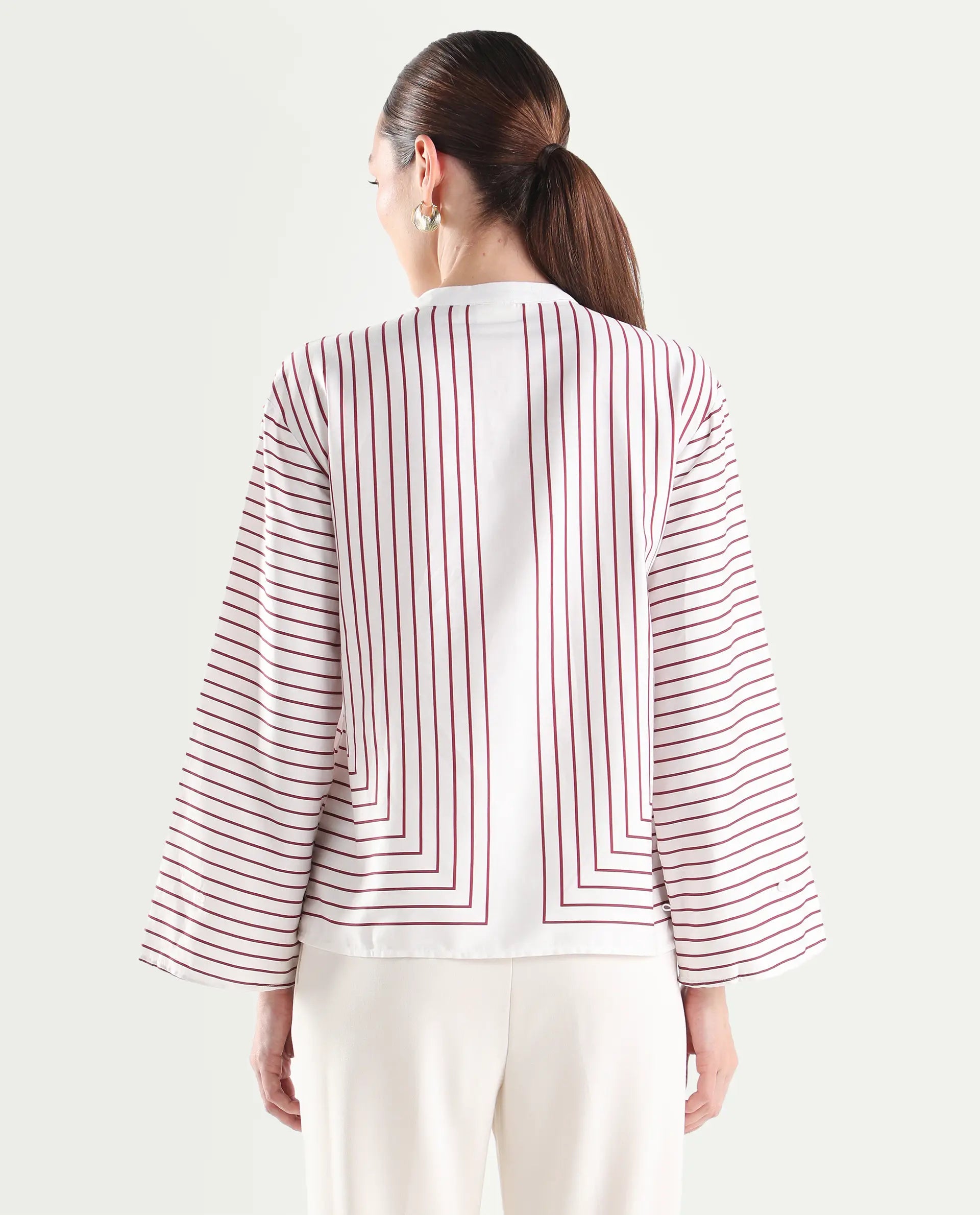 Rareism Women's Janlopo Red Cotton Blend Full Sleeve Mandarin Collar Relaxed Fit Striped Top