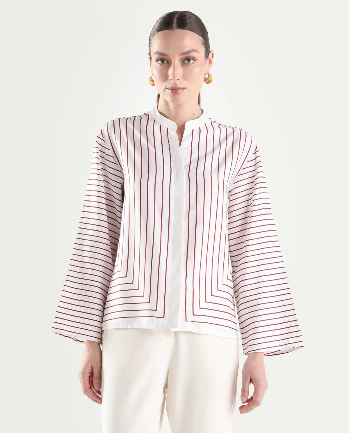 Rareism Women's Janlopo Red Cotton Blend Full Sleeve Mandarin Collar Relaxed Fit Striped Top