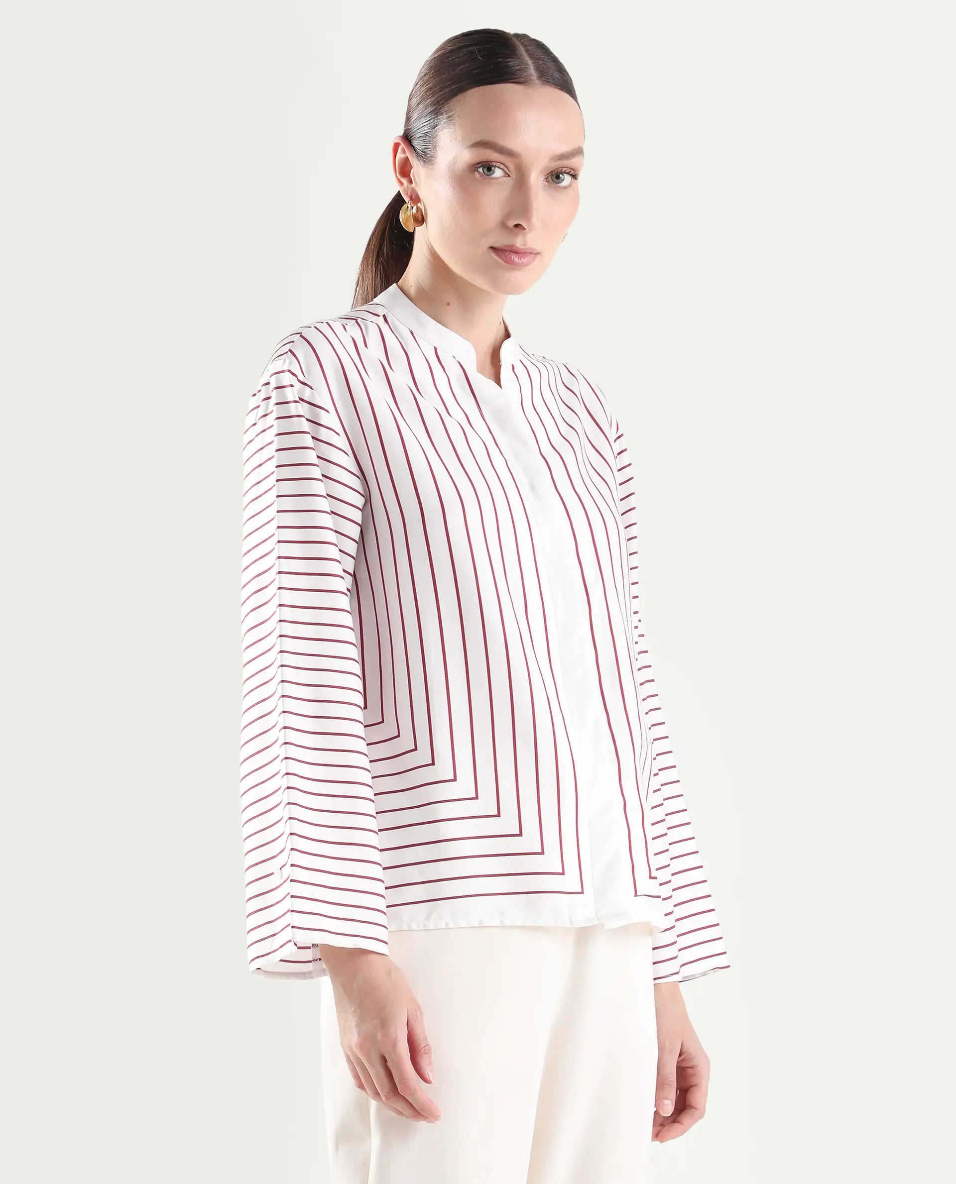 Rareism Women's Janlopo Red Cotton Blend Full Sleeve Mandarin Collar Relaxed Fit Striped Top