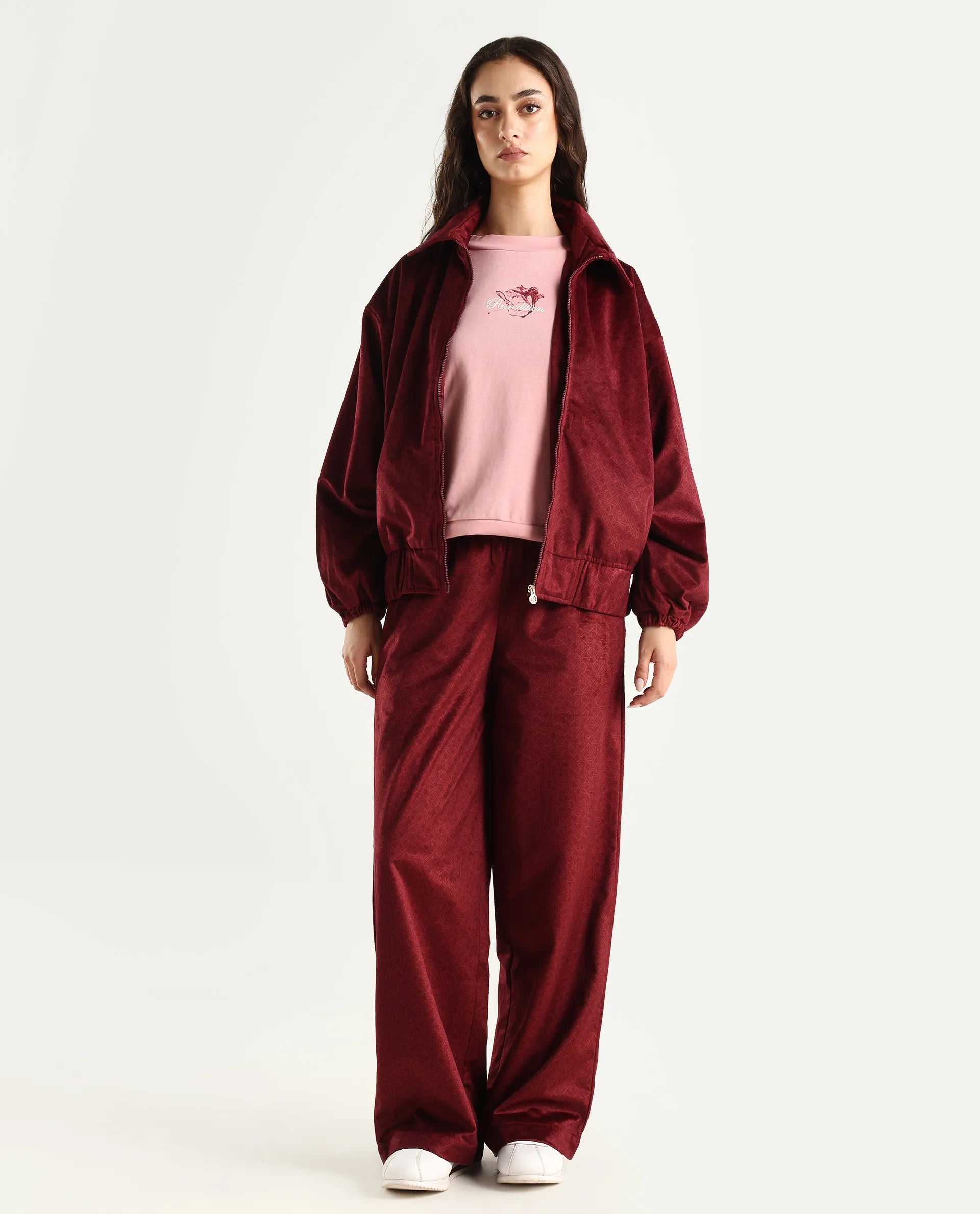 Rareism Women's Jacamo-B Maroon Polyester Straight Monogram Print Trouser