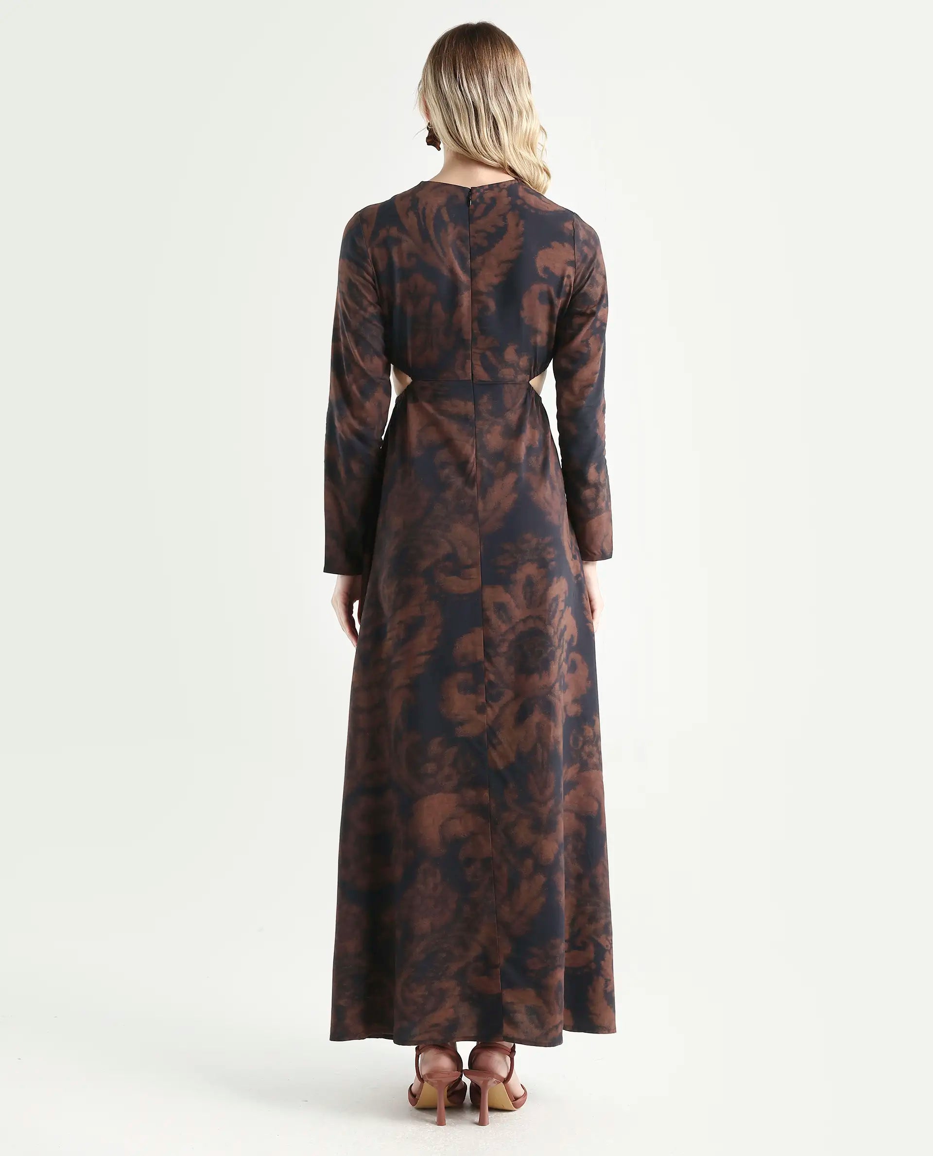 Rareism Women's Azor Dark Brown Viscose Fit & Flare Maxi Dress